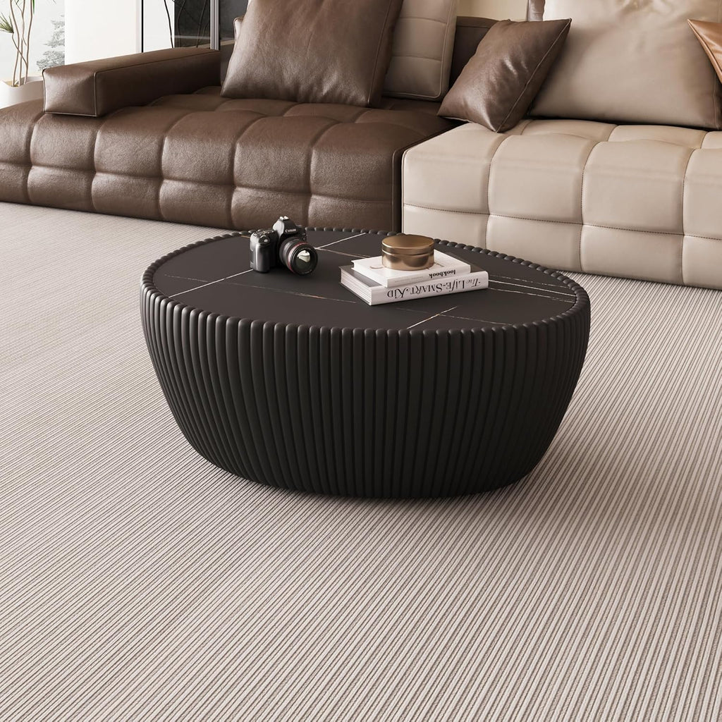 32'' Goose Egg Shaped Coffee Table, Black Sintered Stone Top with Unique Pattern & Leather Wrapped, Modern Side Sofa Table, No Assembly