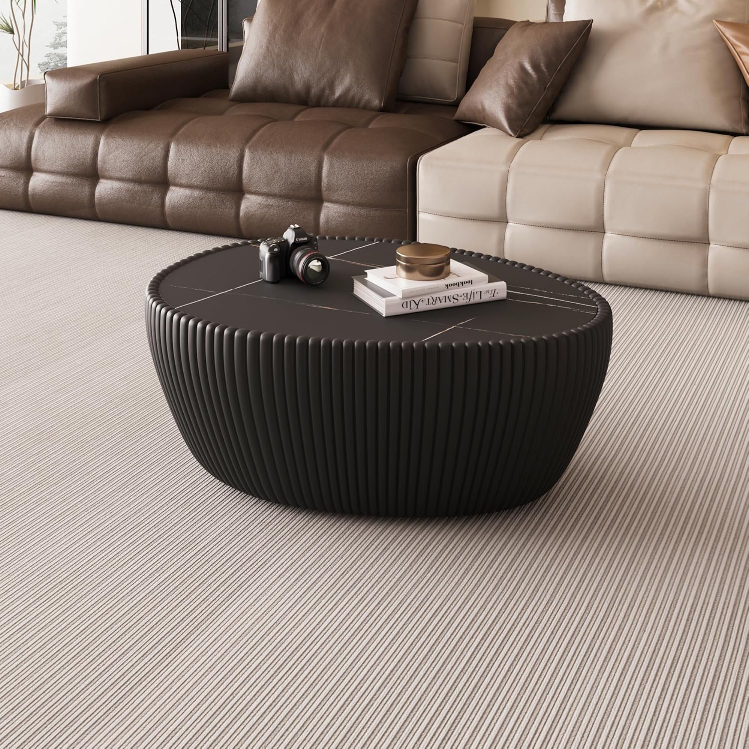 32'' Goose Egg Shaped Coffee Table, Black Sintered Stone Top with Unique Pattern & Leather Wrapped, Modern Side Sofa Table, No Assembly