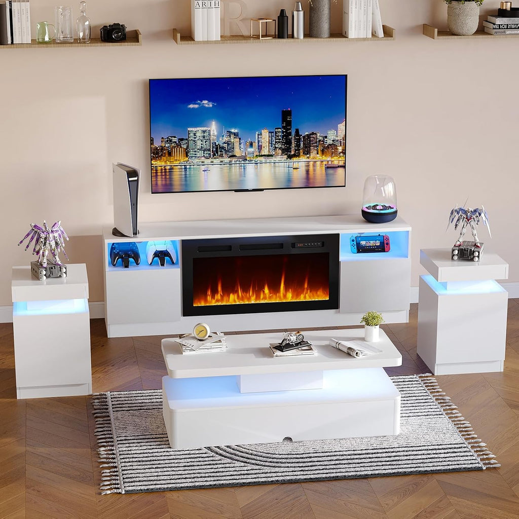 MXV 4-Piece Living Room Table Set Includes A 70'' Modern Fireplace TV Stand with 36'' Electric Fireplace, A 40'' Coffee Table and 2 Side Tables with Storage Space for Living Room, Bedroom, White