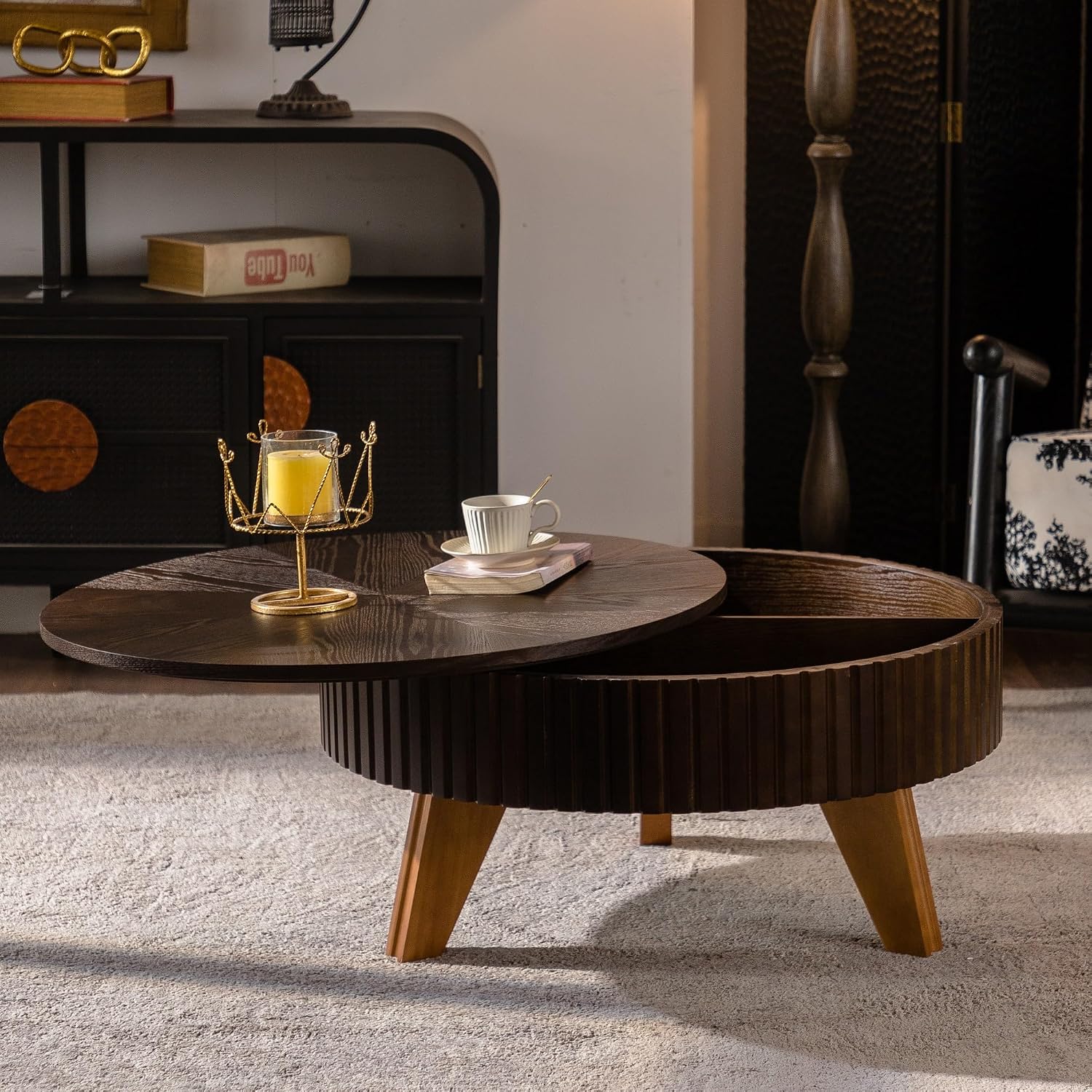 Setawix 31.5' Round Coffee Table with Storage Space, Small Side Tea End Table for Living Room, Wooden Rustic Coffee Table, Storage Entry Way Table, Brown
