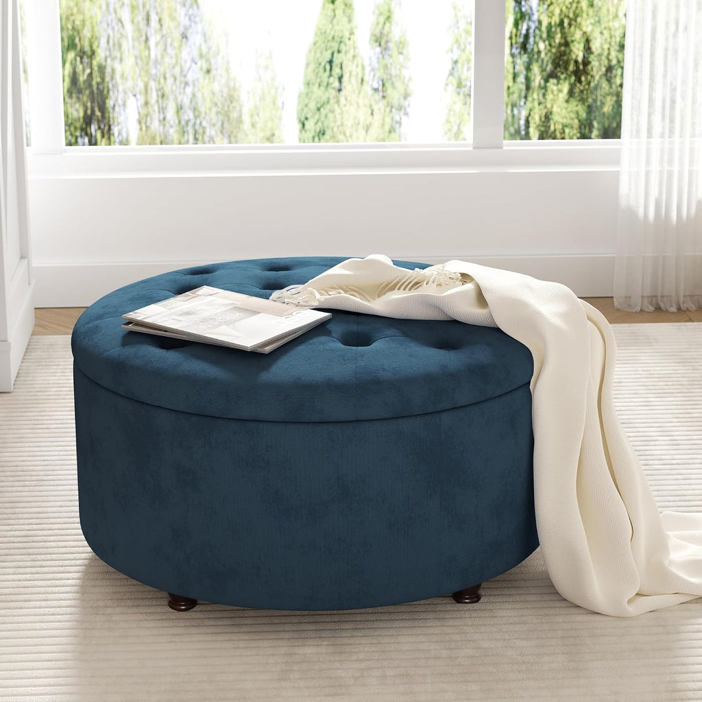 30 Inch Round Storage Ottoman,Modern Blue Tufted Ottomans,Circular Coffee Table with Removable Top,Upholstered Large Ottoman with Storage Footrest Stool for Bedroom Living Room (Blue)