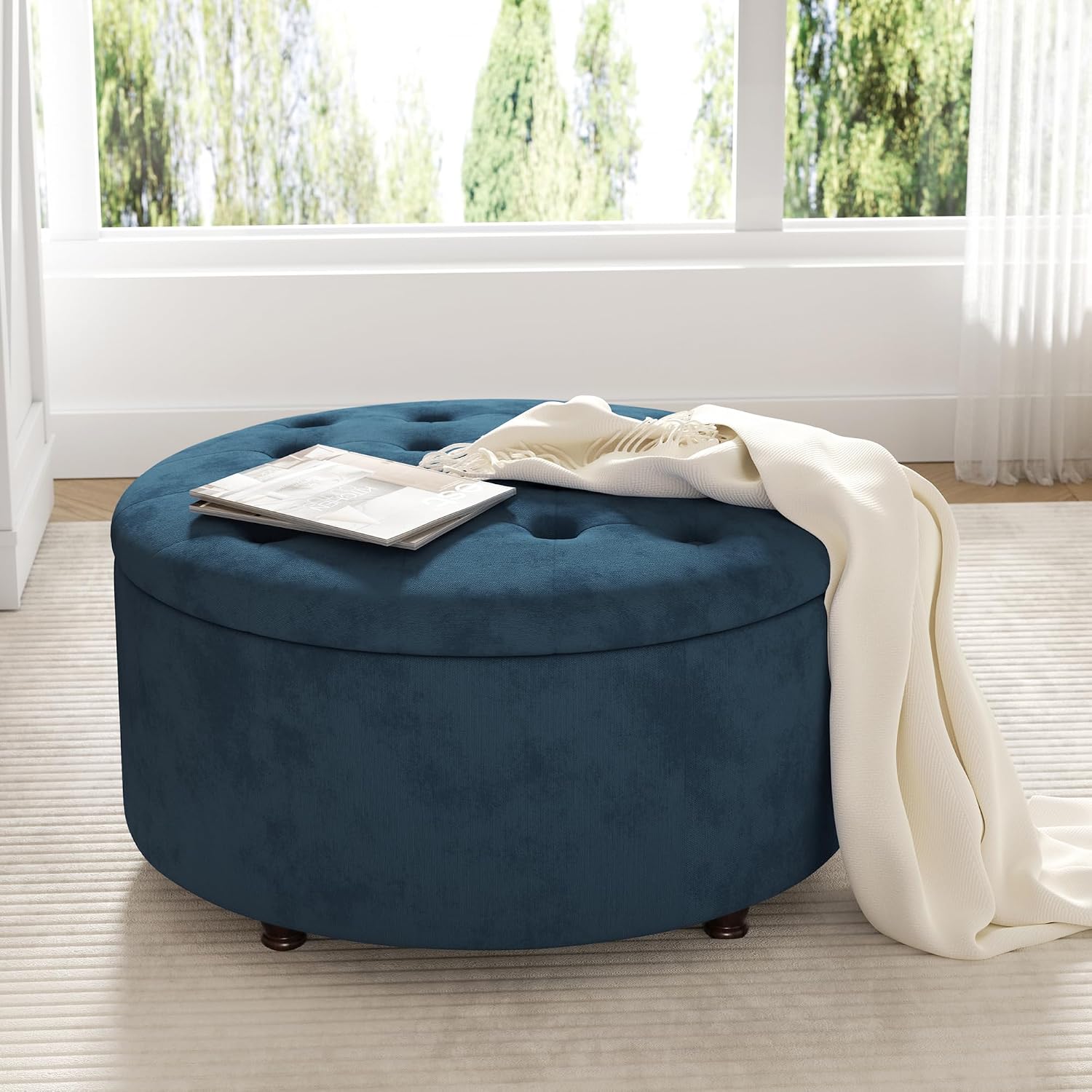 30 Inch Round Storage Ottoman,Modern Blue Tufted Ottomans,Circular Coffee Table with Removable Top,Upholstered Large Ottoman with Storage Footrest Stool for Bedroom Living Room (Blue)