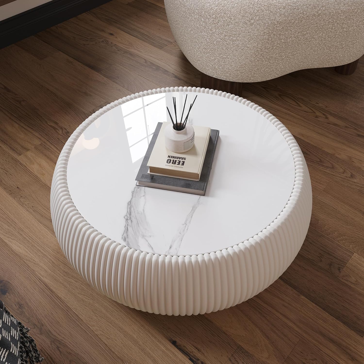 27.5' Drum Coffee Table, Light Grey Sintered Stone Top & Leather Base, Modern Round Side Table for Living Room, No Assembly