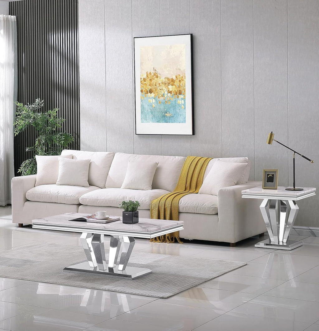 3 Pieces Coffee Table Set, Faux Marble Living Room Table Set of 3, Modern Coffee Table and 2 End Tables with Diamond-Shaped Stainless Steel Base for Living Room (White Silver)