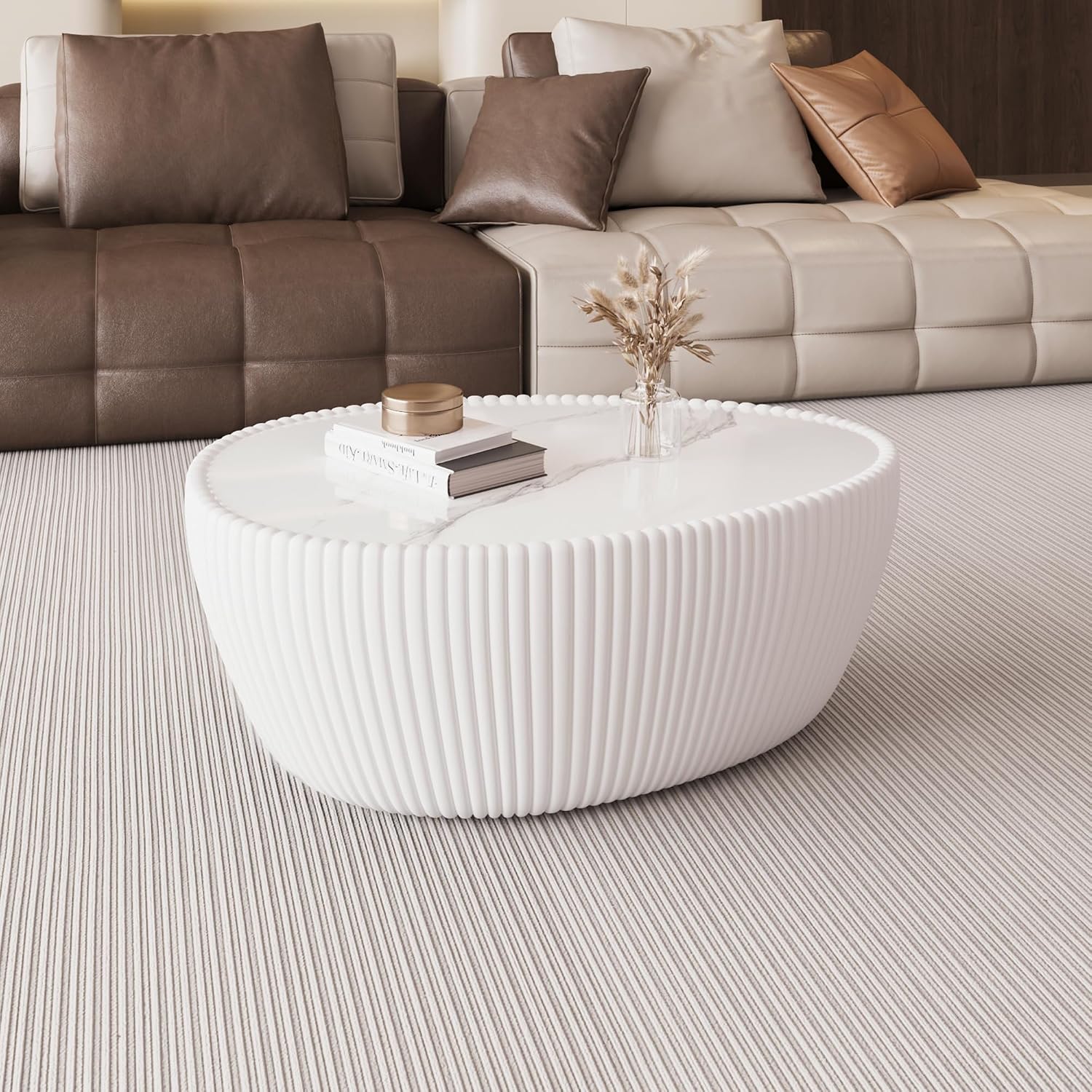 32'' Goose Egg Shaped Coffee Table, White Sintered Stone Top with Unique Pattern & Leather Wrapped, Modern Side Sofa Table, No Assembly