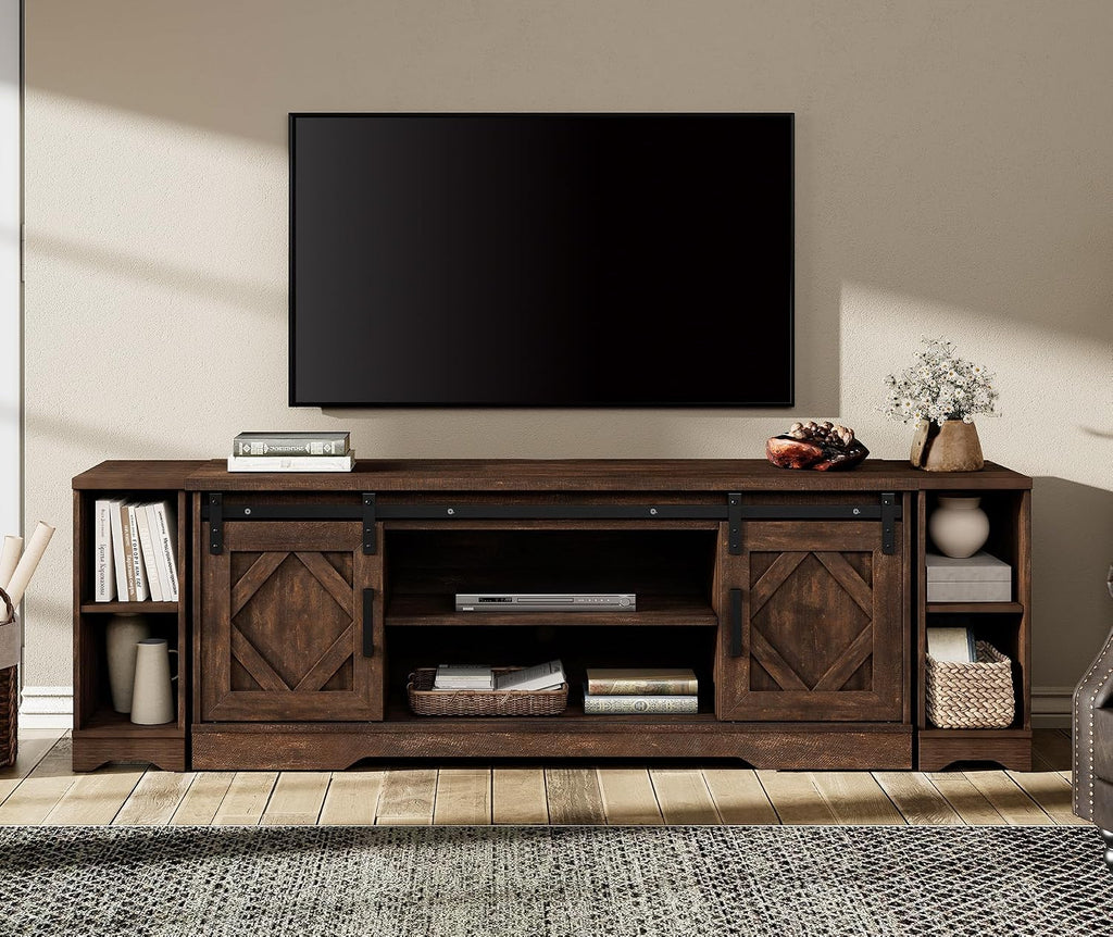 WAMPAT 3-in-1 Modern Farmhouse TV Stand for up to 85' TV, 23.6' H Wood Entertainment Center with Sliding Barn Door and Adjustable Media Storage Shelf for Living Room, Dark Walnut Brown