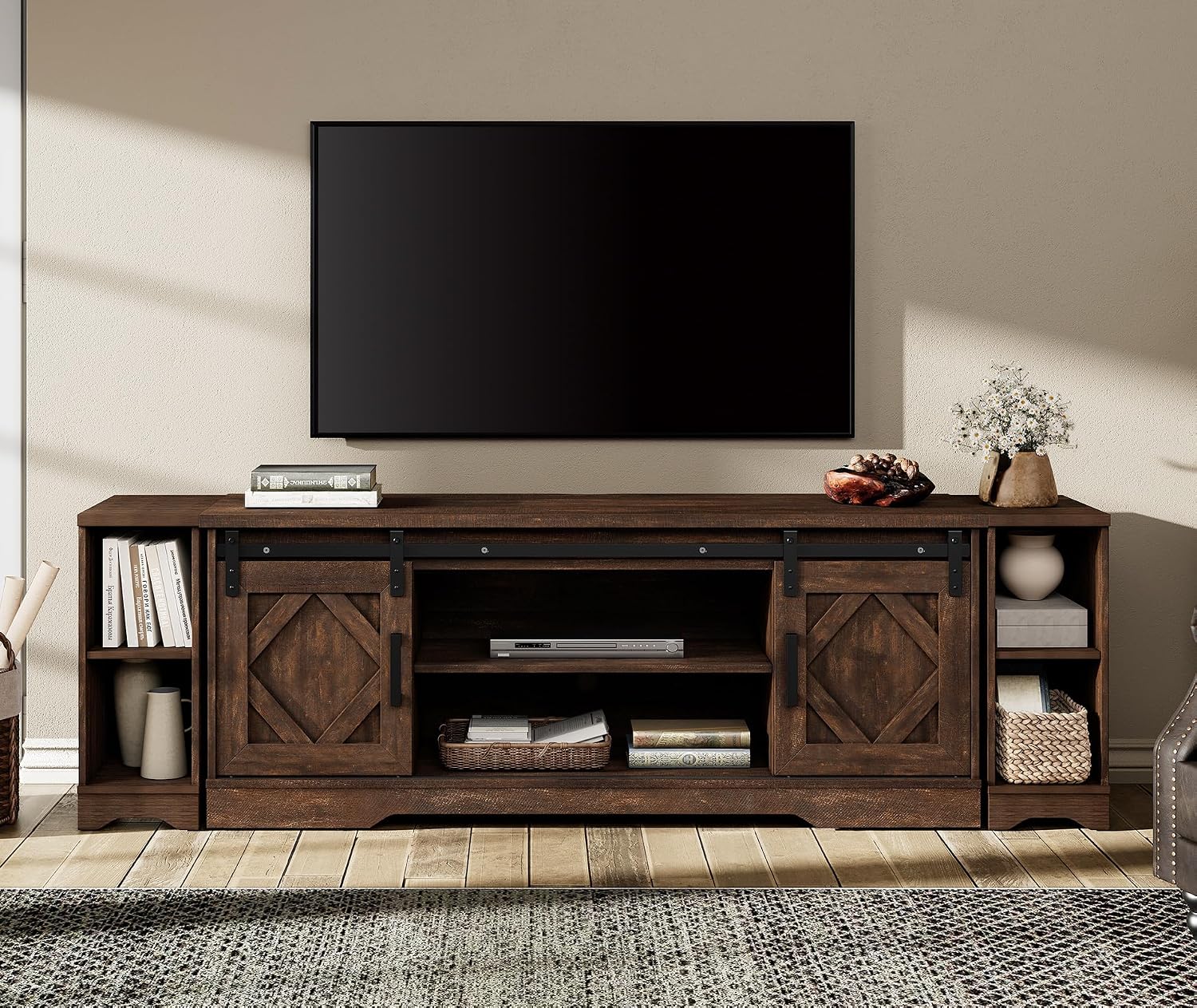 WAMPAT 3-in-1 Modern Farmhouse TV Stand for up to 85' TV, 23.6' H Wood Entertainment Center with Sliding Barn Door and Adjustable Media Storage Shelf for Living Room, Dark Walnut Brown