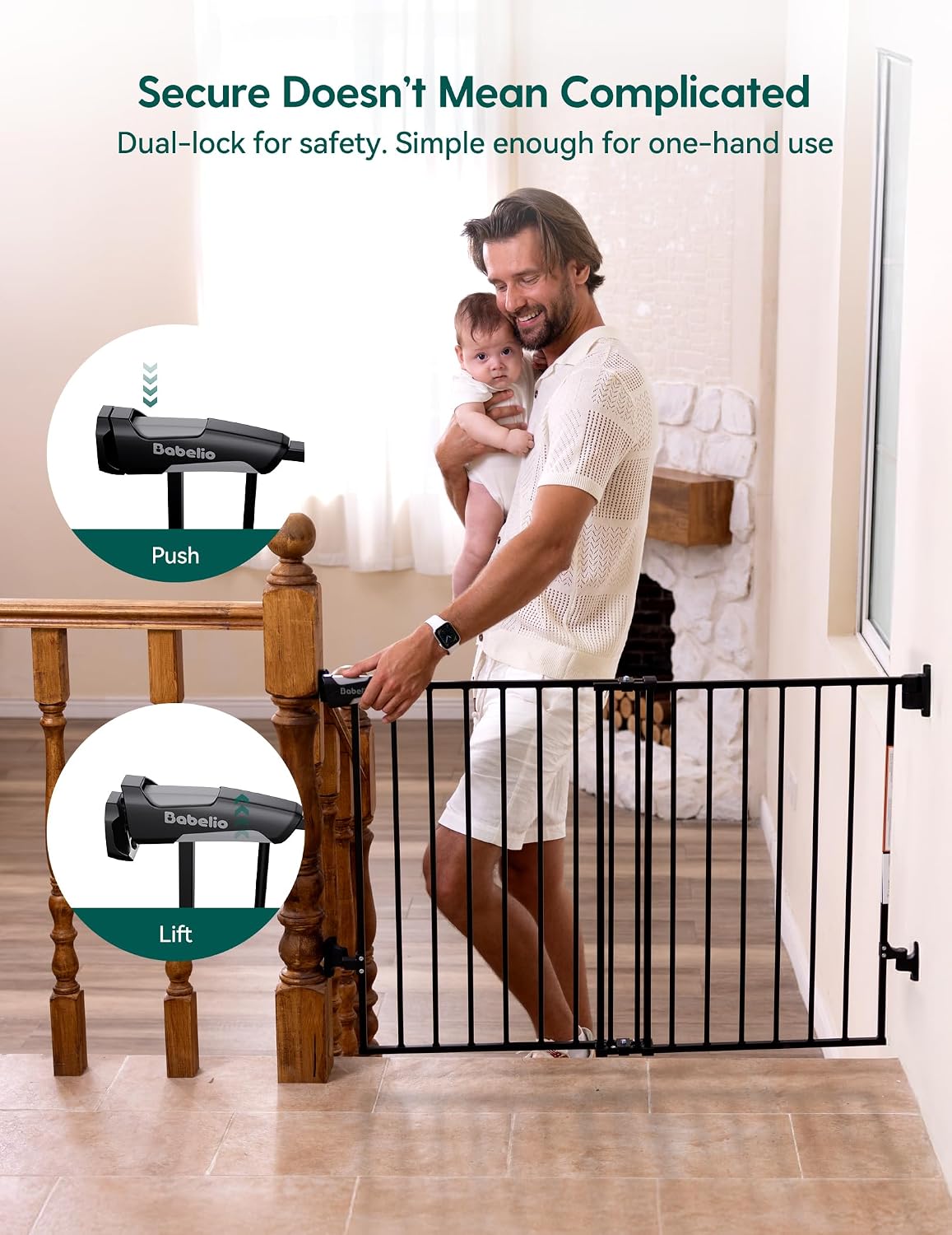 Babelio Baby Gate for Stairs, Kitchen & Doorways, No Bottom Bar| Easy Installation| One-Handed Operation| Auto-Close| Hardware Mount (Drill Needed) Safety Dog Gate (Black - 2 Pcs, 26-43' W, 28' H)