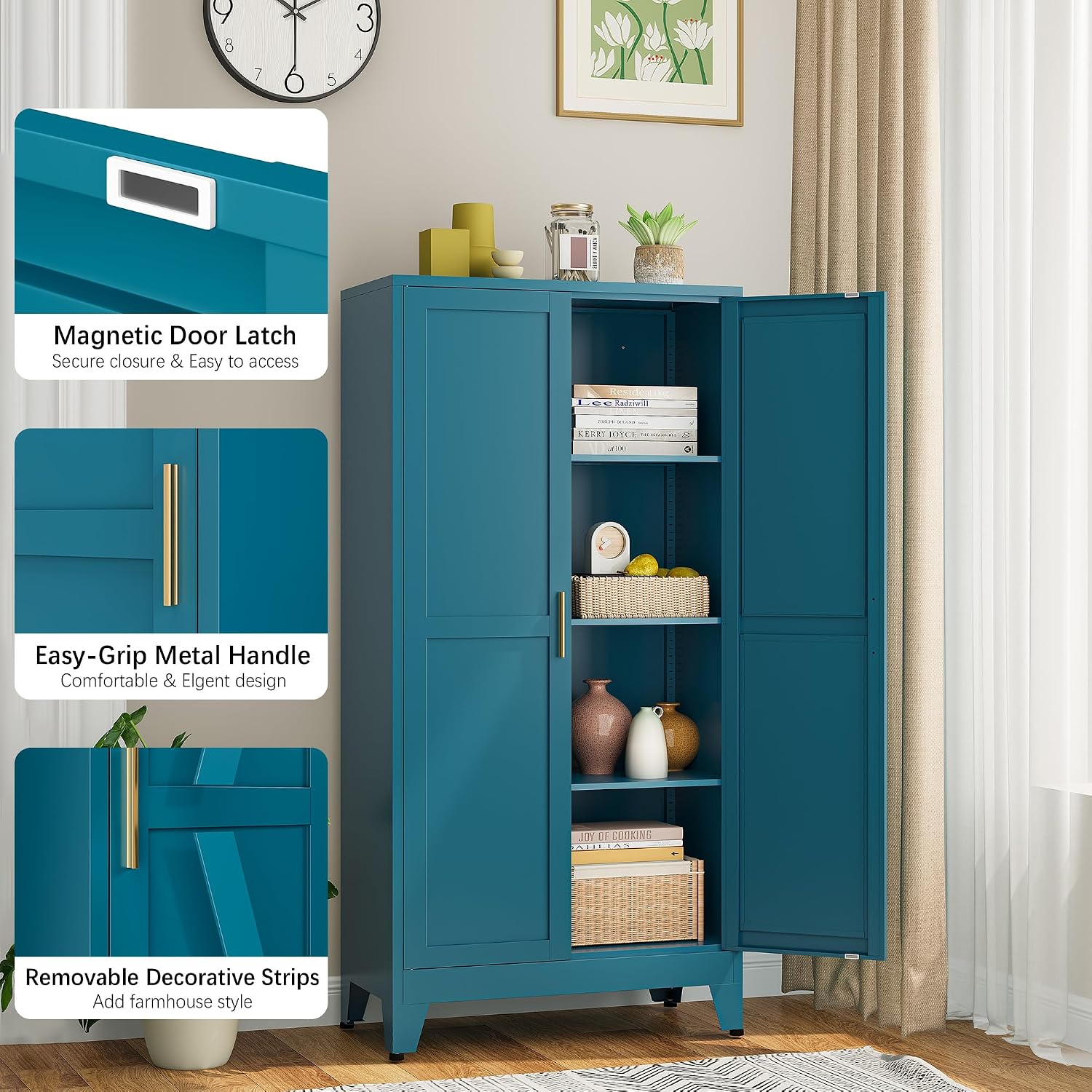 Bevivog Bathroom Storage Cabinet Freestanding, 61' Tall Metal Cabinets with Doors and Shelves, Blue Metal Pantry Cabinet for Kitchen, Living Room, Home Office