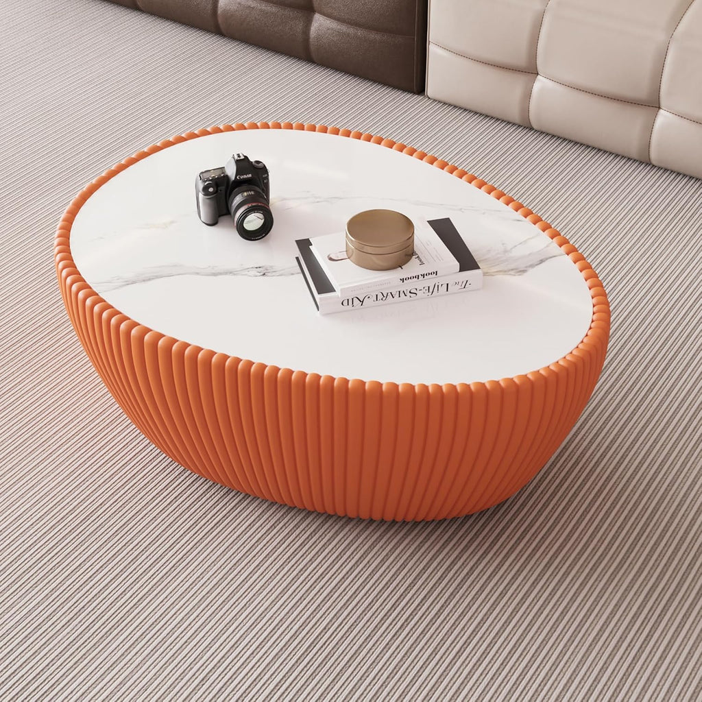 32'' Goose Egg Shaped Coffee Table, White Sintered Stone Top with Unique Pattern & Leather Wrapped, Modern Side Sofa Table, No Assembly (Orange)