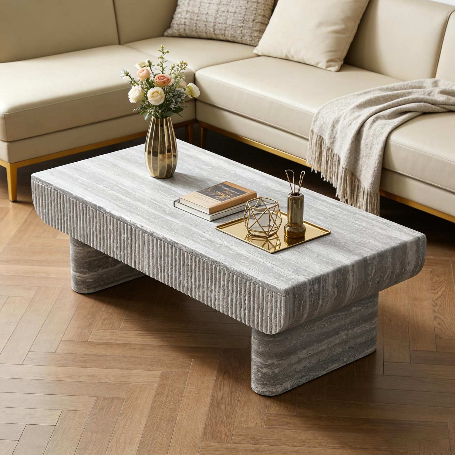 47' Grey Travertine Coffee Table with 2 Fluted Drawers,Modern Concrete Coffee Tables with Pedestal Legs for Living Room, Rectangular Coffee Center Tea Table with Storage for Apartment Bedroom