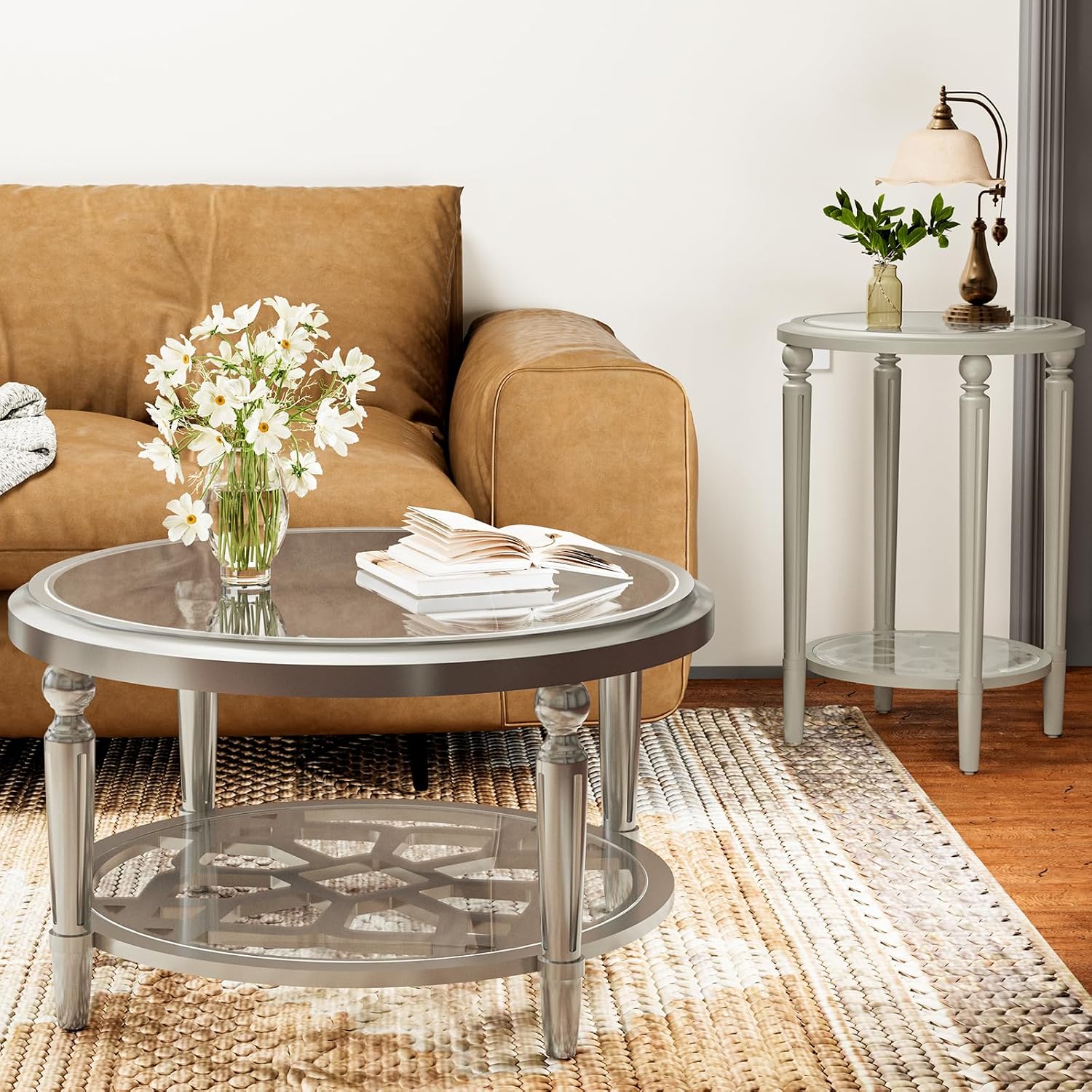 HOMPUS Glass Coffee Table, 32'' Round Coffee Table with Storage Shelf, Modern Unique Coffee Table with Double-Tempered Glass, Living Room End Table for Bedroom, Meeting Room, Fully Assembled