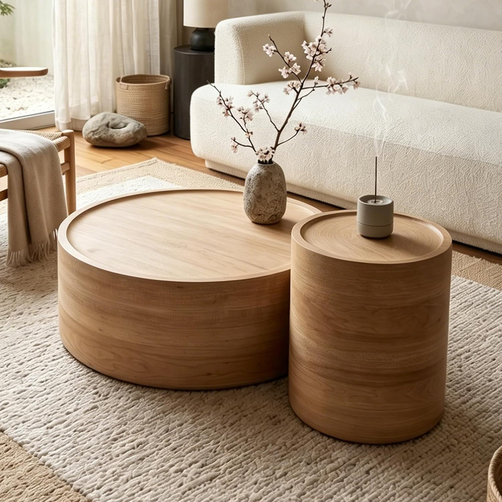 Modern Drum Coffee Table Natural Wood Color Coffee Tables Round Center Table for Living Room Home Office,31.5'- Fully Assembled