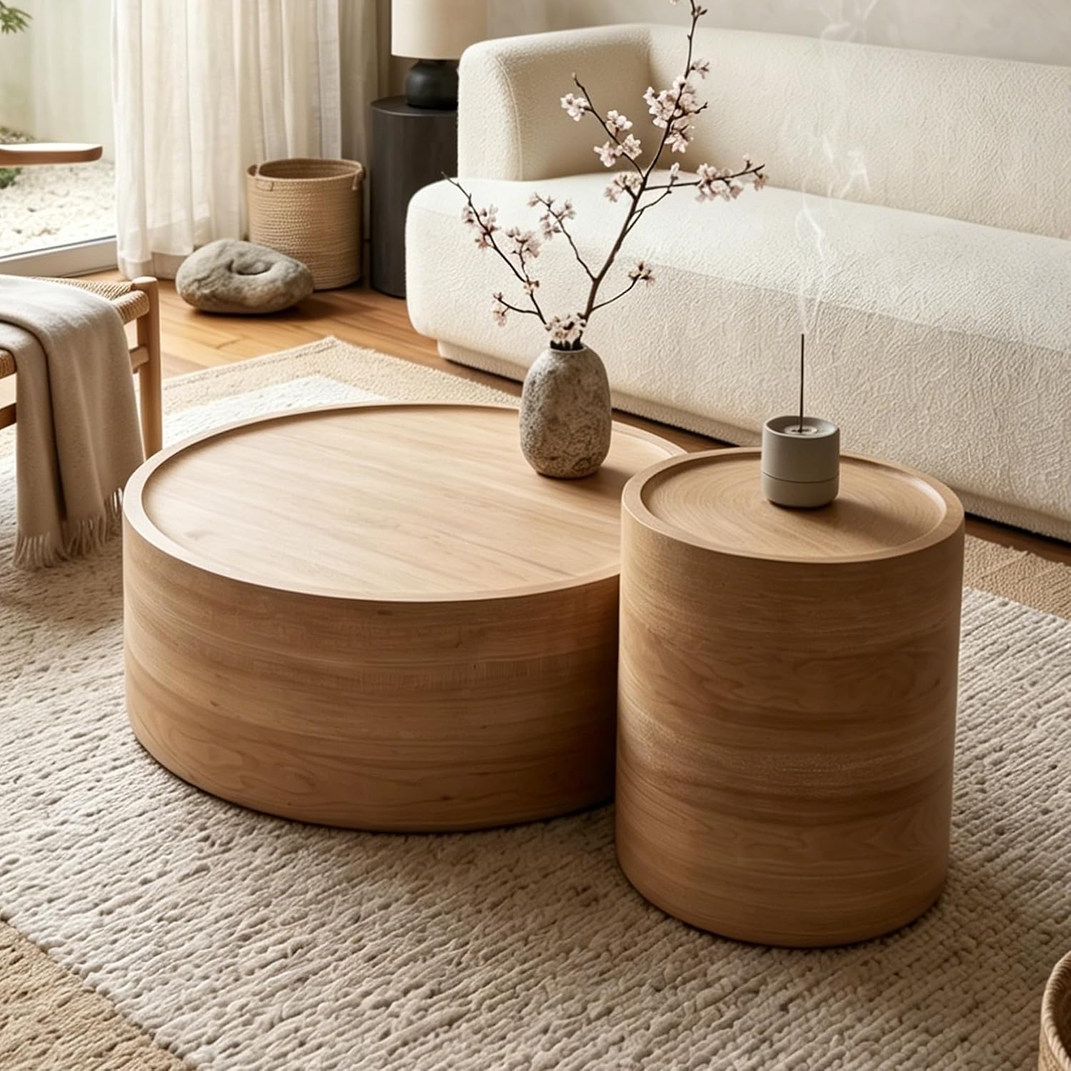 Modern Drum Coffee Table Natural Wood Color Coffee Tables Round Center Table for Living Room Home Office,31.5'- Fully Assembled