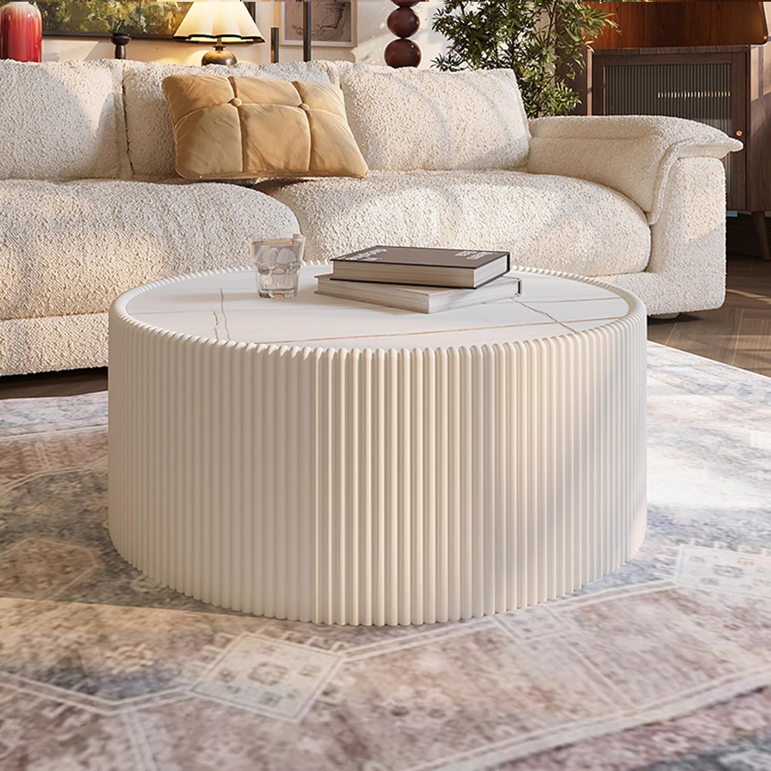 Modern Round Coffee Table Luxury Sintered Stone Top Coffee Table in White Leatherette Creative Drum-Shape Cocktail Center Table for Living Room Bedroom,Fully Assembled