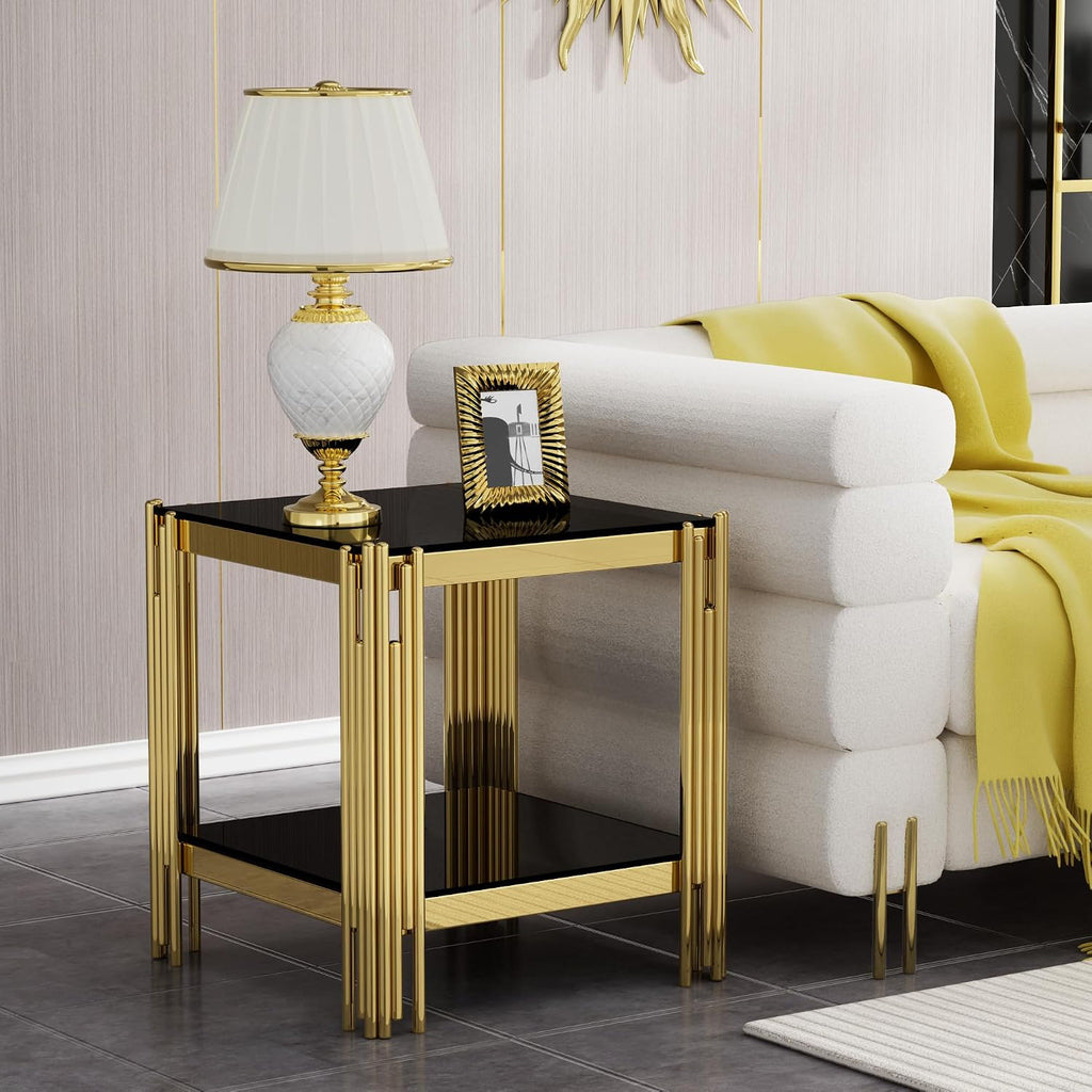 Modern Glass End Table, 20' Suqare Side Table with Gold Mirrored Stainless Steel Frame, 2-Tier Black Glass End Table Nightstand Pedestal Stand Lamp Table for Living Room, Bedroom, Office