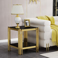 Modern Glass End Table, 20' Suqare Side Table with Gold Mirrored Stainless Steel Frame, 2-Tier Black Glass End Table Nightstand Pedestal Stand Lamp Table for Living Room, Bedroom, Office