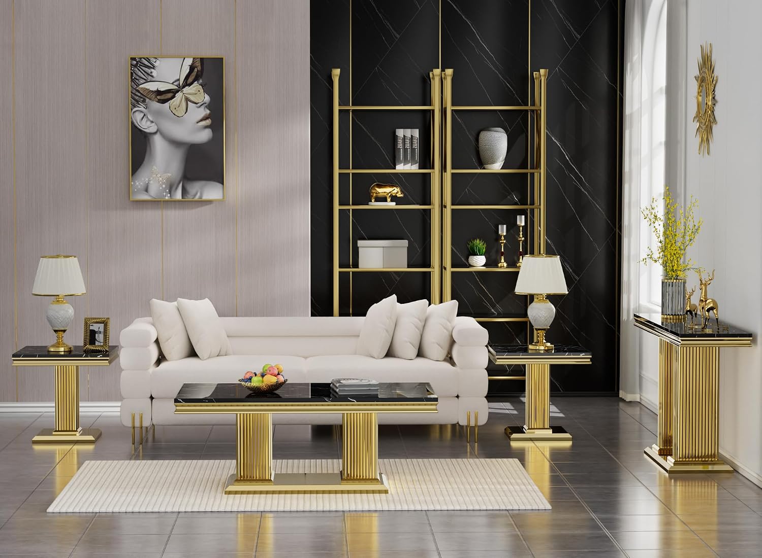 4 Pieces Coffee Table Set, Faux Marble Living Room Table Set of 4, Modern Coffee Table, Console Table and 2 End Tables with Column-Shaped Stainless Steel Base for Living Room Office (Black Gold)