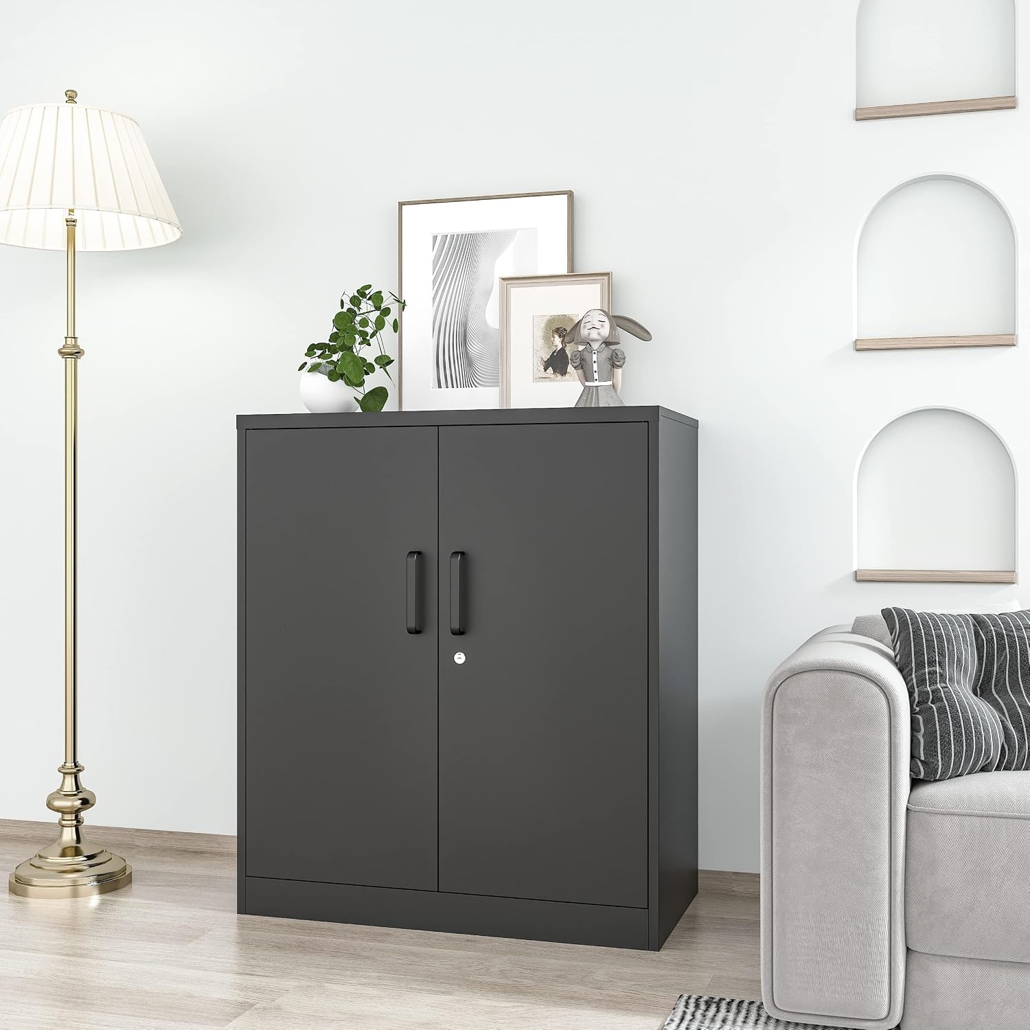 36' H Metal Garage Cabinet, 2 Doors Storage Cabinets, Steel Utility Tool Caninet, Short Locking Caninets with Adjustable Shelves, Black Lockable File Cabnet Cupboard for Home/Office/School/Shop