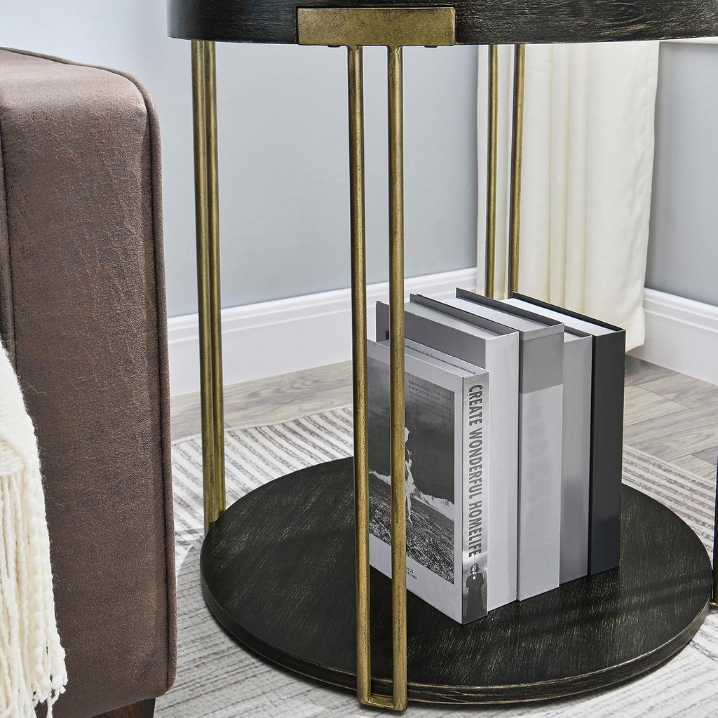 Biaco Modern Industial Round Side Table, Circle Coffee End Table Bedside Nightstand for Living Room & Small Space Decor, Birch Veneer Textured & Gold Metal Legs, Black Gold