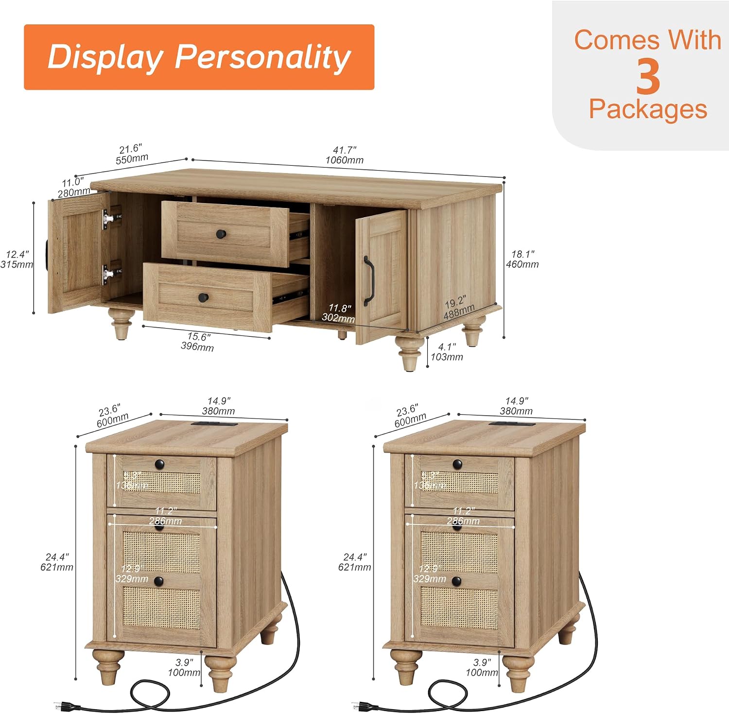 WAMPAT 3 Pieces Living Room Table Set, One Farmhouse Coffee Table with Storage Cabinet & Drawer, Set of 2 Rattan End Tables Nightstands with Charging Station, Oak
