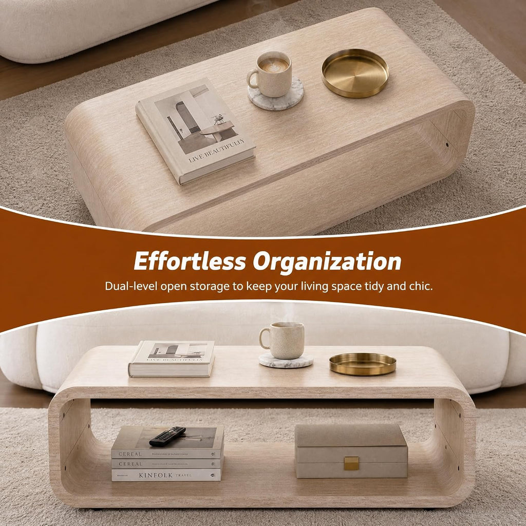 47.24' Faux Mars Coffee Table with Storage Shelf, 2-Tier Travertine Coffee Tables for Living Room,Modern Rectangle Center Tea Table with Rounded Corners for Apartment Bedroom Office, Easy Assembly