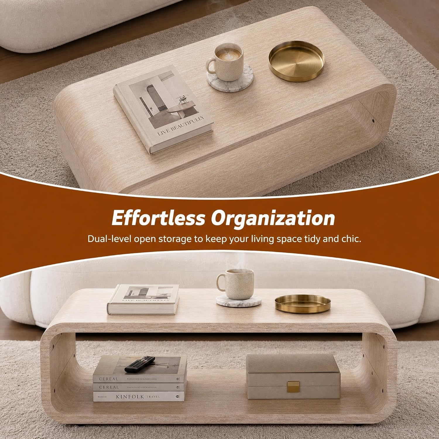 47.24' Faux Mars Coffee Table with Storage Shelf, 2-Tier Travertine Coffee Tables for Living Room,Modern Rectangle Center Tea Table with Rounded Corners for Apartment Bedroom Office, Easy Assembly