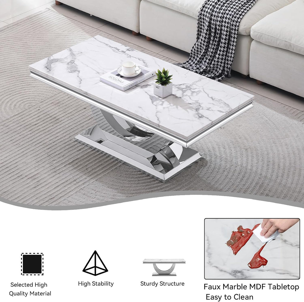3 Pieces Coffee Table Set, Faux Marble Living Room Table Set of 3, Modern Coffee Table and 2 End Tables with Dual U-Shaped Stainless Steel Base for Living Room (White Silver)