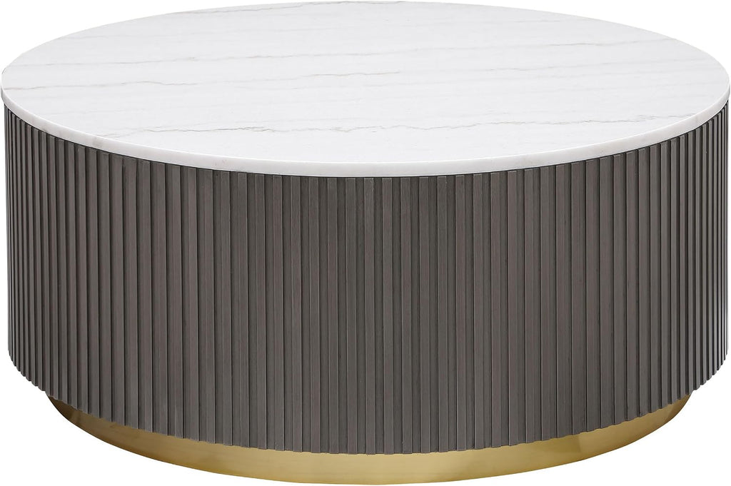 Coaster Home Furnishings - Jason - Wood and Metal - Coffee Table with Reeded Drum Base, Gold Ring Accent, and Round Shape - Living Room - 35-Inch - Charcoal and White Marble - 710418