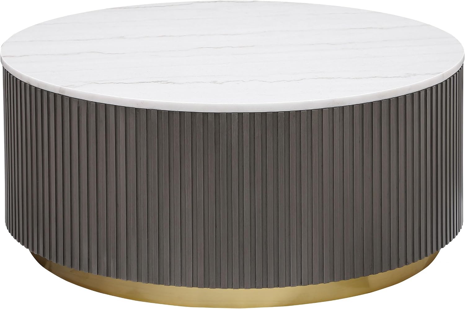 Coaster Home Furnishings - Jason - Wood and Metal - Coffee Table with Reeded Drum Base, Gold Ring Accent, and Round Shape - Living Room - 35-Inch - Charcoal and White Marble - 710418