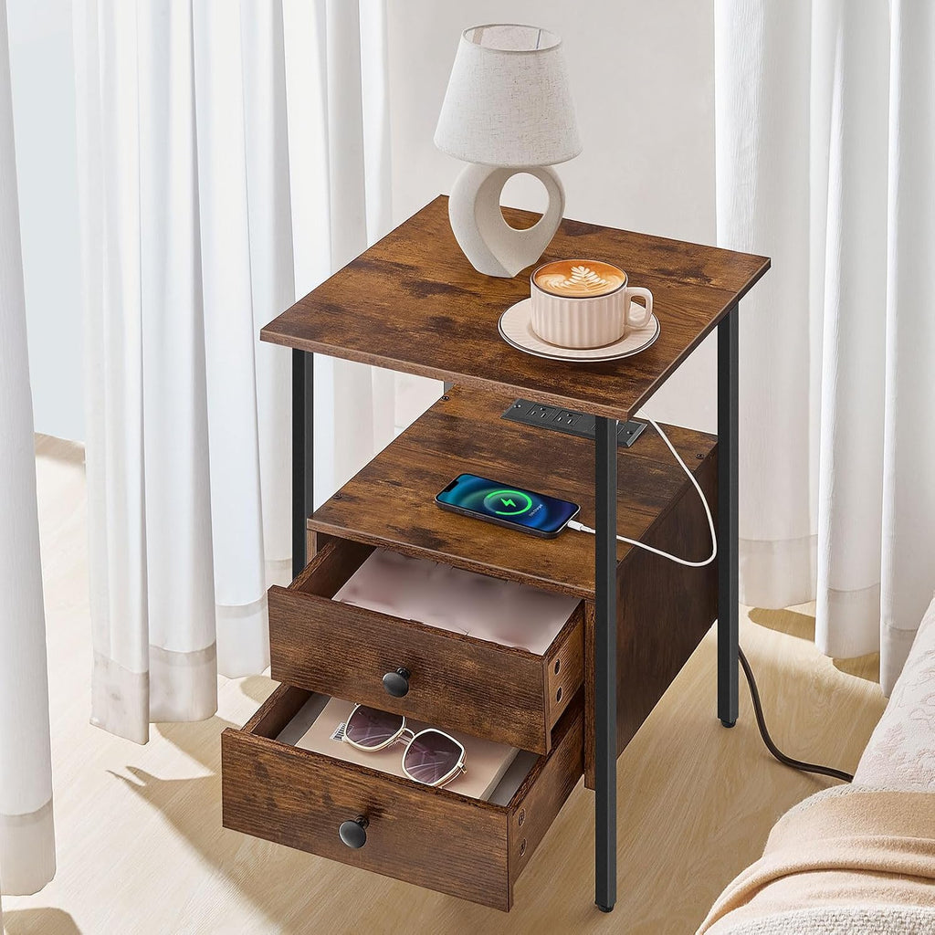 HOOBRO End Table Set of 2 with Charging Station, Bedside Table with 2 Drawer & USB Ports & Type-C Port, Nightstand for Small Spaces, Stable and Sturdy, for Living Room, Rustic Brown BF43UBZP201