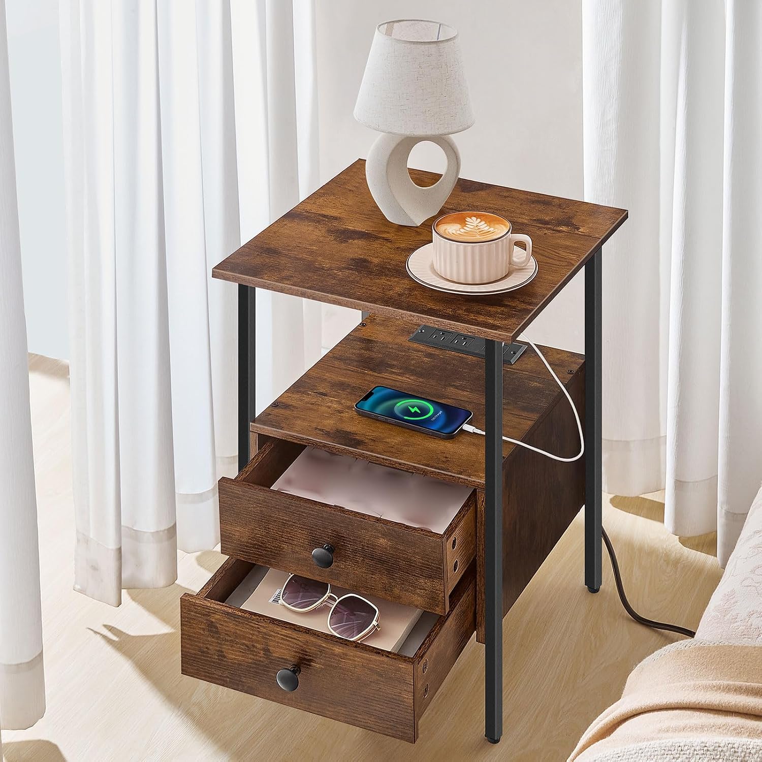 HOOBRO End Table Set of 2 with Charging Station, Bedside Table with 2 Drawer & USB Ports & Type-C Port, Nightstand for Small Spaces, Stable and Sturdy, for Living Room, Rustic Brown BF43UBZP201