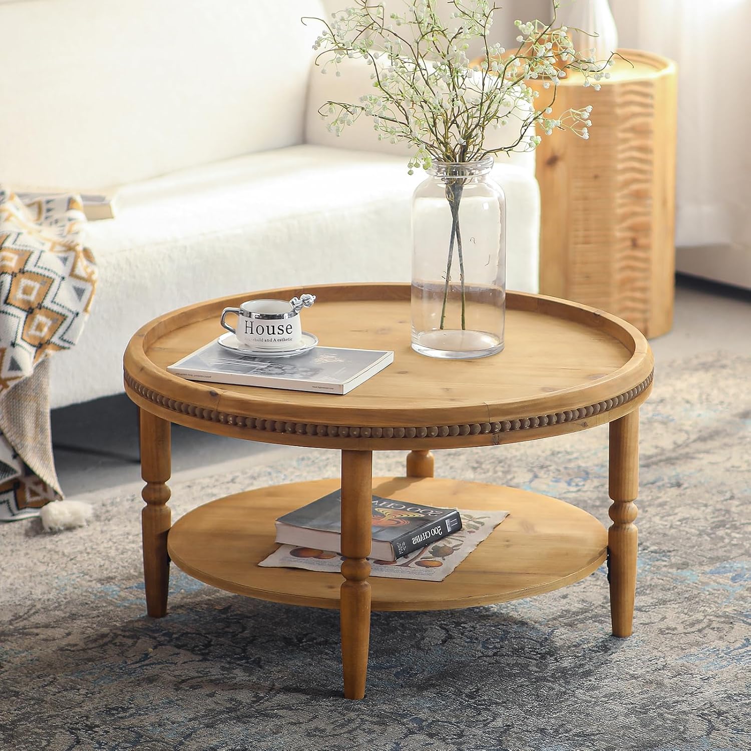 31.3'' Round Boho Coffee Table for Living Room, Modern Countryside Farmhouse Rustic Wood 2-Tier Coffee Table, Walnut Brown