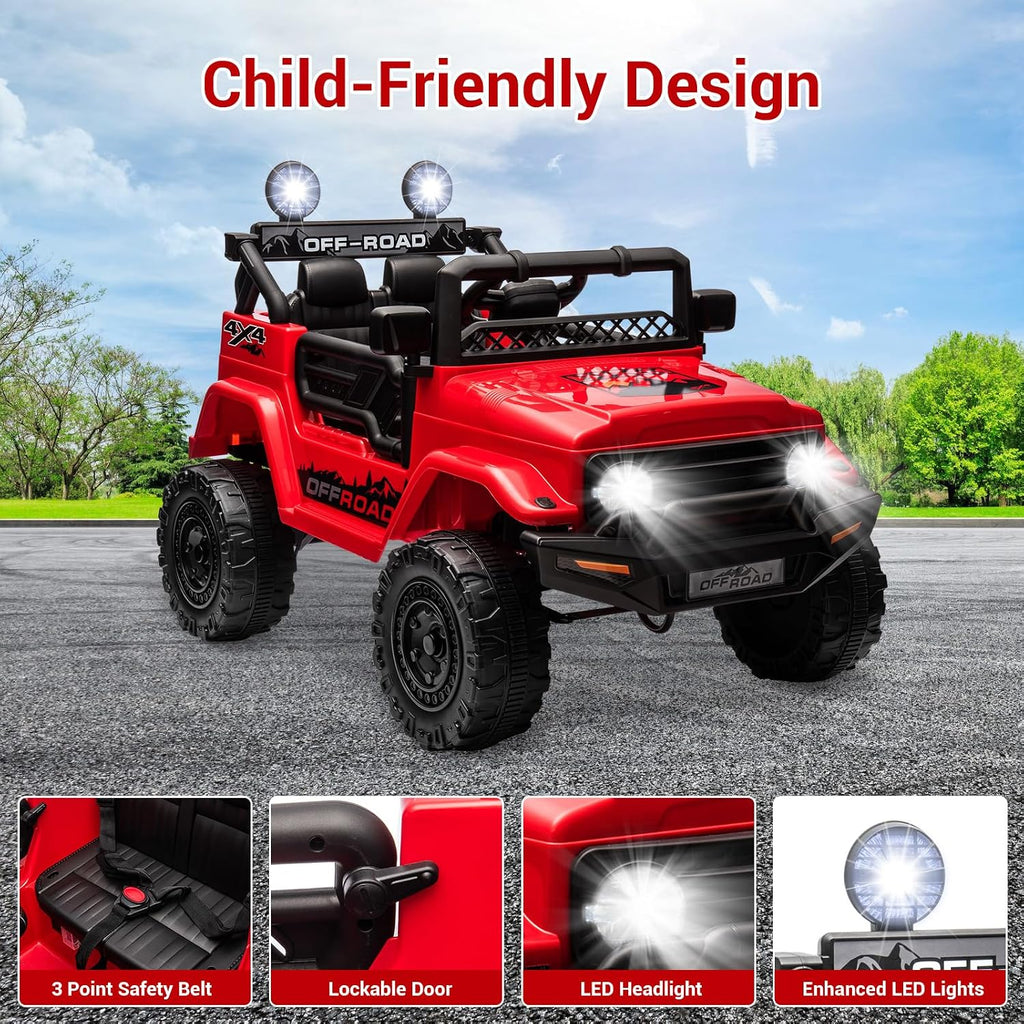 SEHOMY Kids Ride On Truck with Parent Remote, 12V Battery Powered Electric Car Girls Toys - 3 Speed, Spring Suspension, LED Lights, Safety Start, Music, 4 Wheels Kids' Electric Vehicles Red