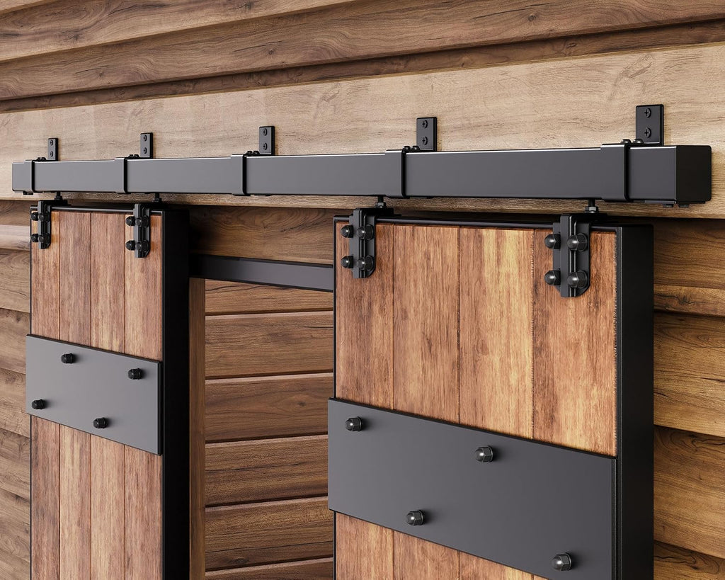 Easelife 8FT Exterior Sliding Barn Door Hardware Kit, Box Rail Track, 450lb Capacity, Black Weather-Resistant Steel, Wall Mount System for Outdoor Use, Fit Double 24in Door