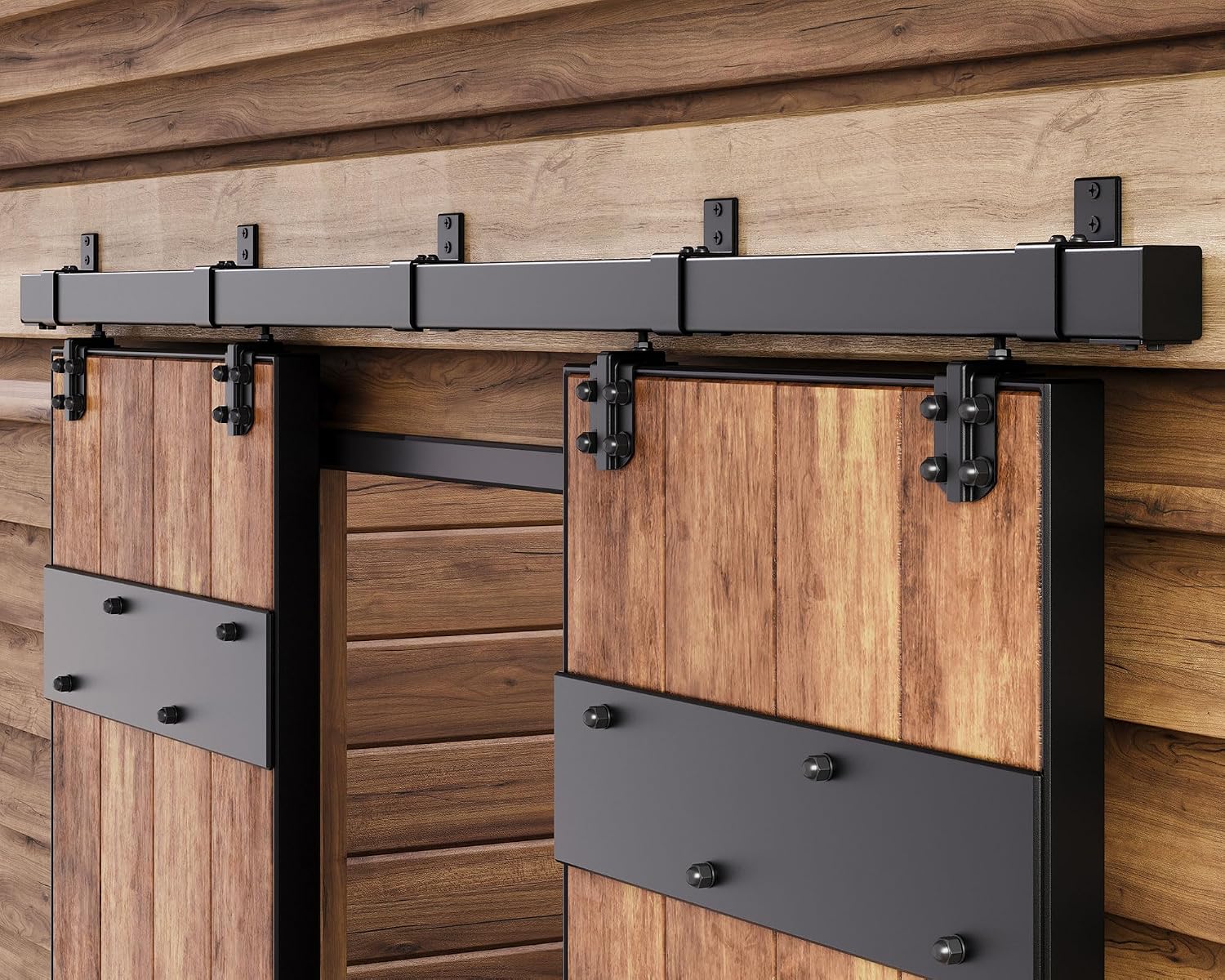 Easelife 12FT Exterior Sliding Barn Door Hardware Kit, Box Rail Track, 450lb Capacity, Black Weather-Resistant Steel, Wall Mount System for Outdoor Use, Fit Double 36in Door
