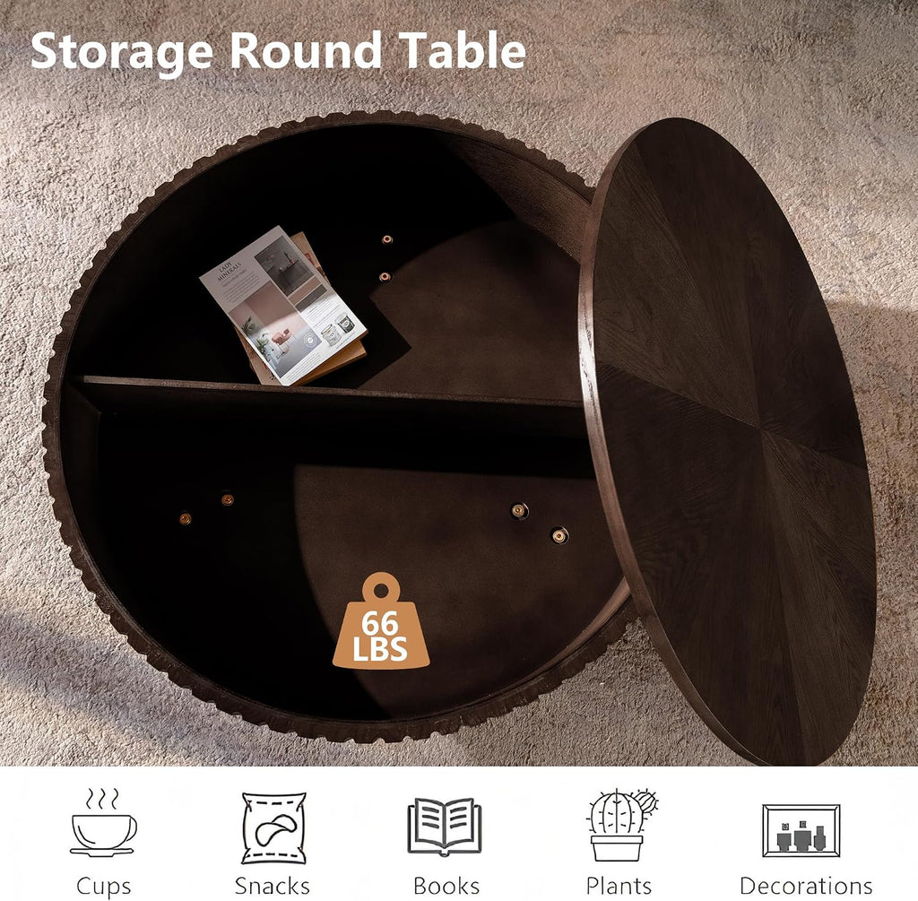 Setawix 31.5' Round Coffee Table with Storage Space, Small Side Tea End Table for Living Room, Wooden Rustic Coffee Table, Storage Entry Way Table, Brown