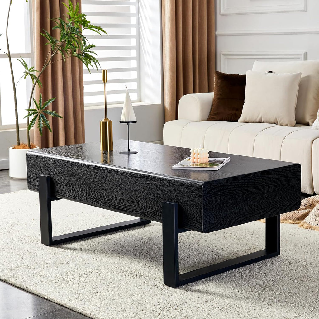 47.24' Rectangle Coffee Table, Wood Coffee Table Center Table with 7.8' Thick Tabletop Metal Legs Rounded Corners for Living Room Office, Black