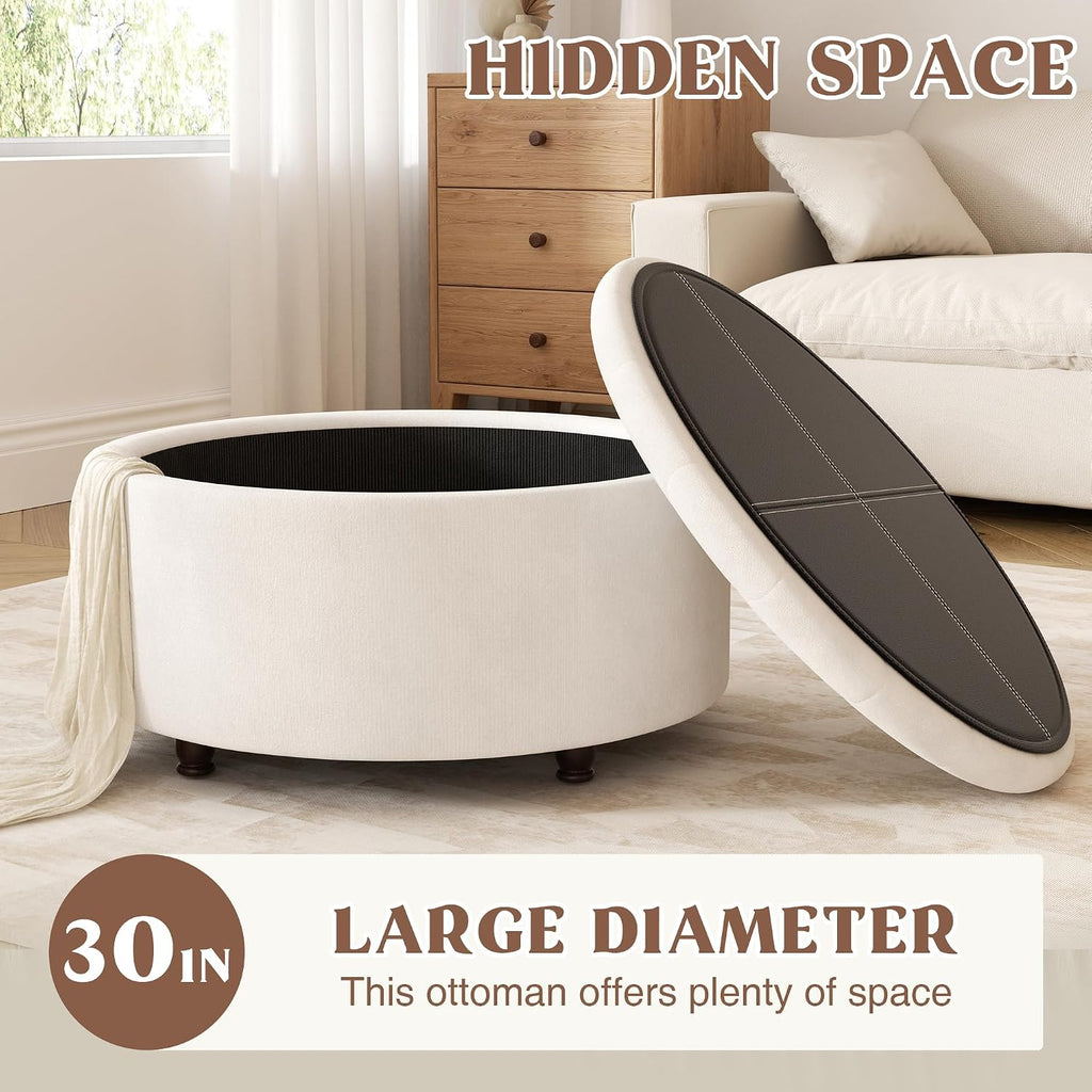 30 Inch Round Storage Ottoman,Modern Tufted Ottomans,Circular Coffee Table with Removable Top,Upholstered Large Ottoman with Storage Footrest Stool for Bedroom Living Room (White)