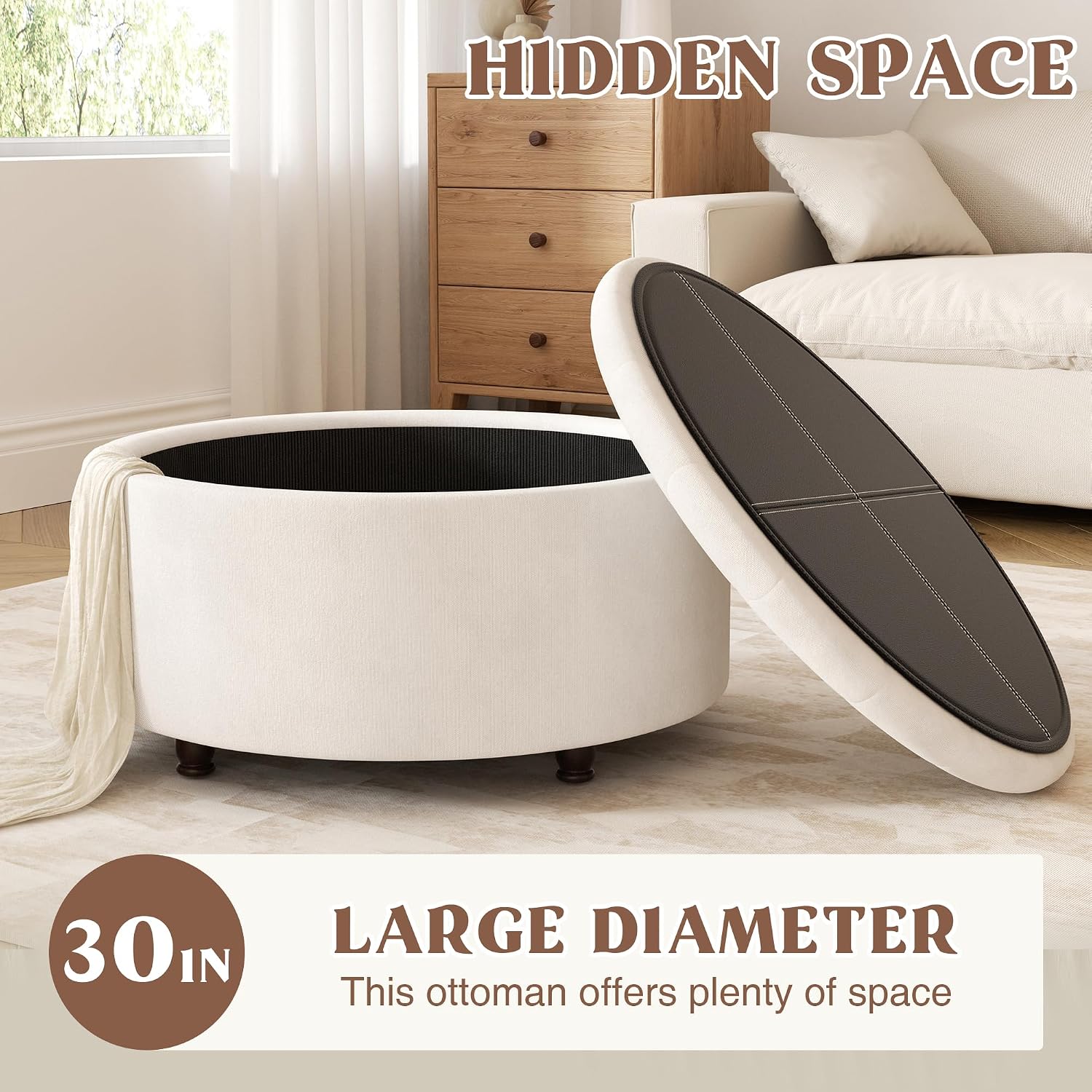 30 Inch Round Storage Ottoman,Modern Tufted Ottomans,Circular Coffee Table with Removable Top,Upholstered Large Ottoman with Storage Footrest Stool for Bedroom Living Room (White)