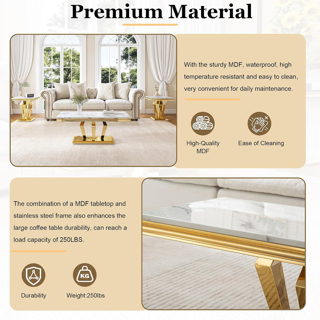 Living Room Coffee Table Set of 3, Modern Marble Coffee Table and 2 End Side Tables, 3-Piece Living Room Table Set with Stainless Steel Base for Living Room (Gold,White)