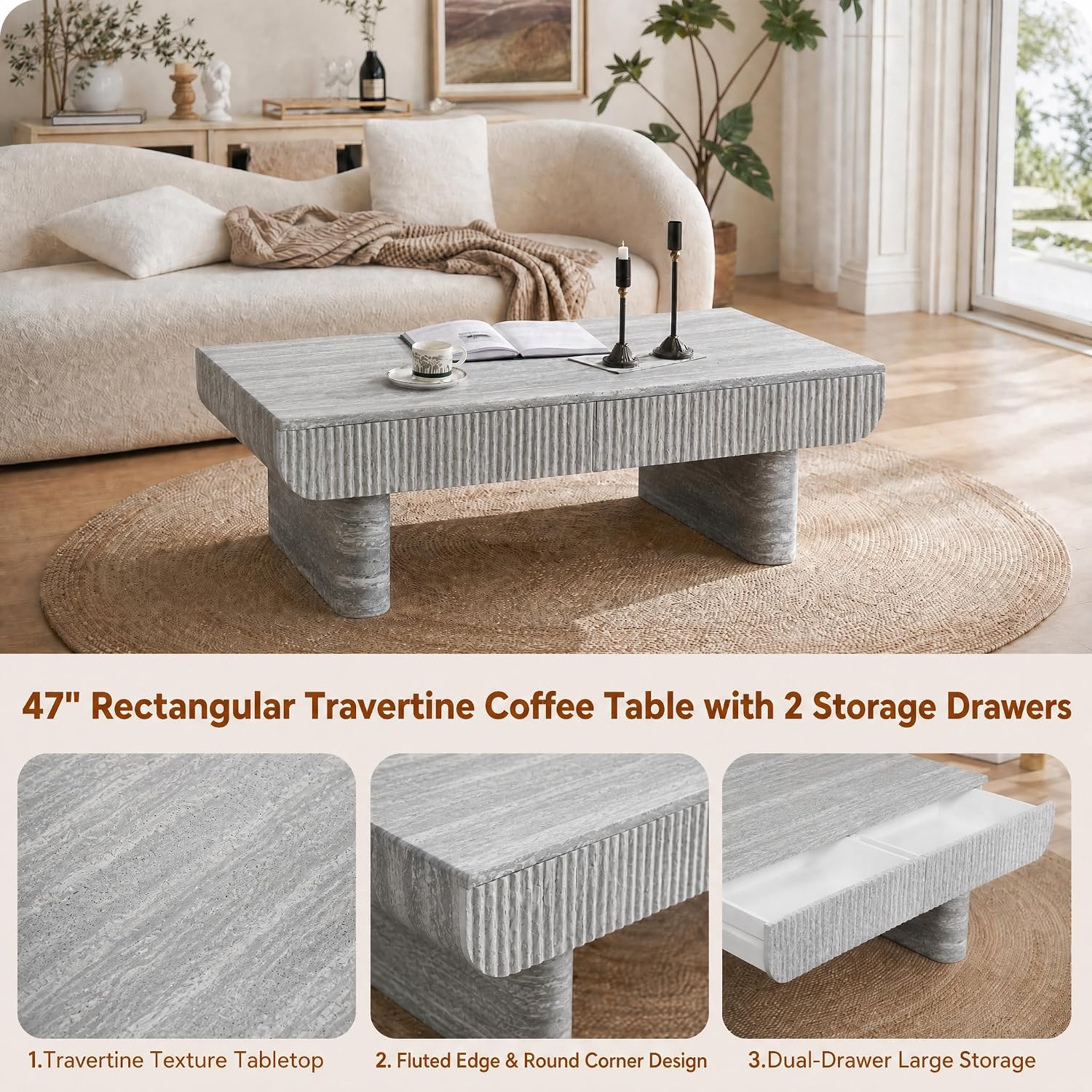 47' Grey Travertine Coffee Table with 2 Fluted Drawers,Modern Concrete Coffee Tables with Pedestal Legs for Living Room, Rectangular Coffee Center Tea Table with Storage for Apartment Bedroom