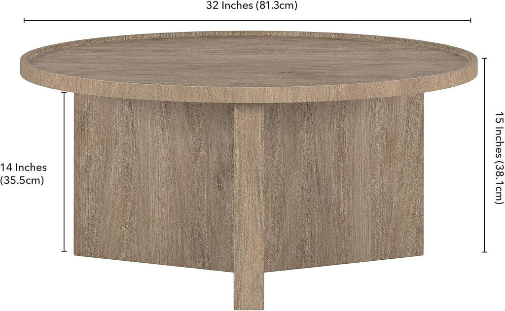 Henn&Hart 32' Round Wood Pedestal Low-Profile Coffee Table for Living Room, Family Room, Office or Apartment, Weathered Gray