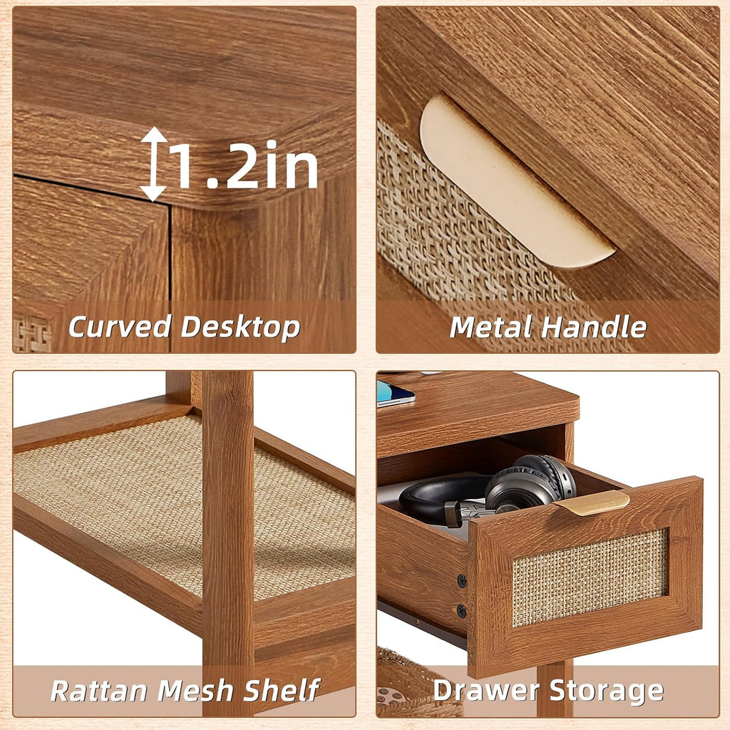 Lerliuo Boho Coffee Table Set of 3, Rattan Coffee and End Table Sets with Charging Station, Living Room Table Set with Open Shelf for Living Room, Tea Brown