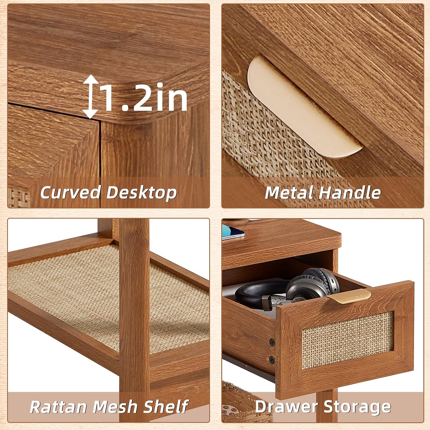 Lerliuo Boho Coffee Table Set of 3, Rattan Coffee and End Table Sets with Charging Station, Living Room Table Set with Open Shelf for Living Room, Tea Brown