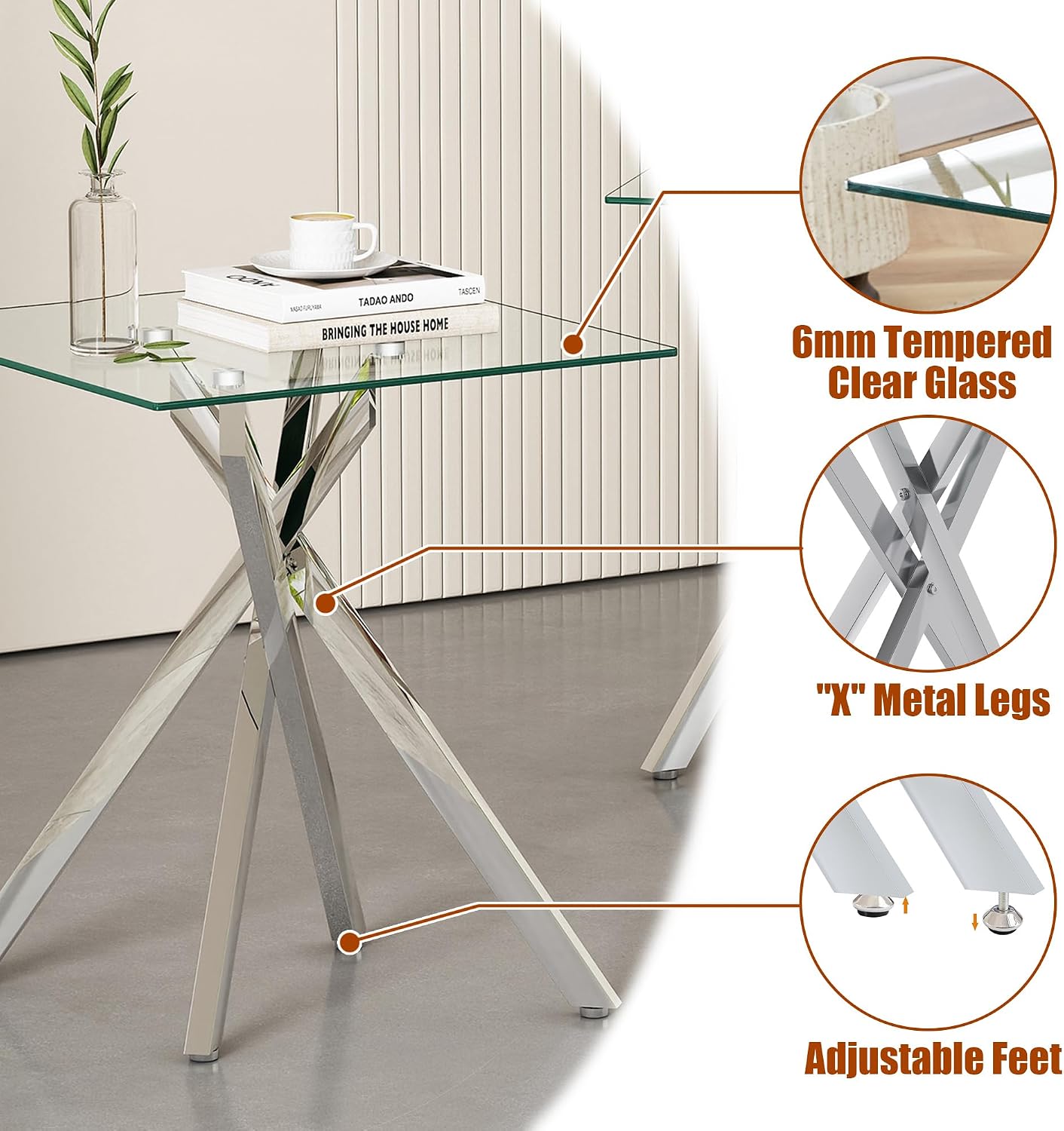 Glass Coffee Table Set of 3, Modern Glass Coffee Table with 2 Square Side Tables,3 Piece Living Room Table Set with Clear Tempered Glass Tabletop & Silver Metal Legs for Apartment Home Office