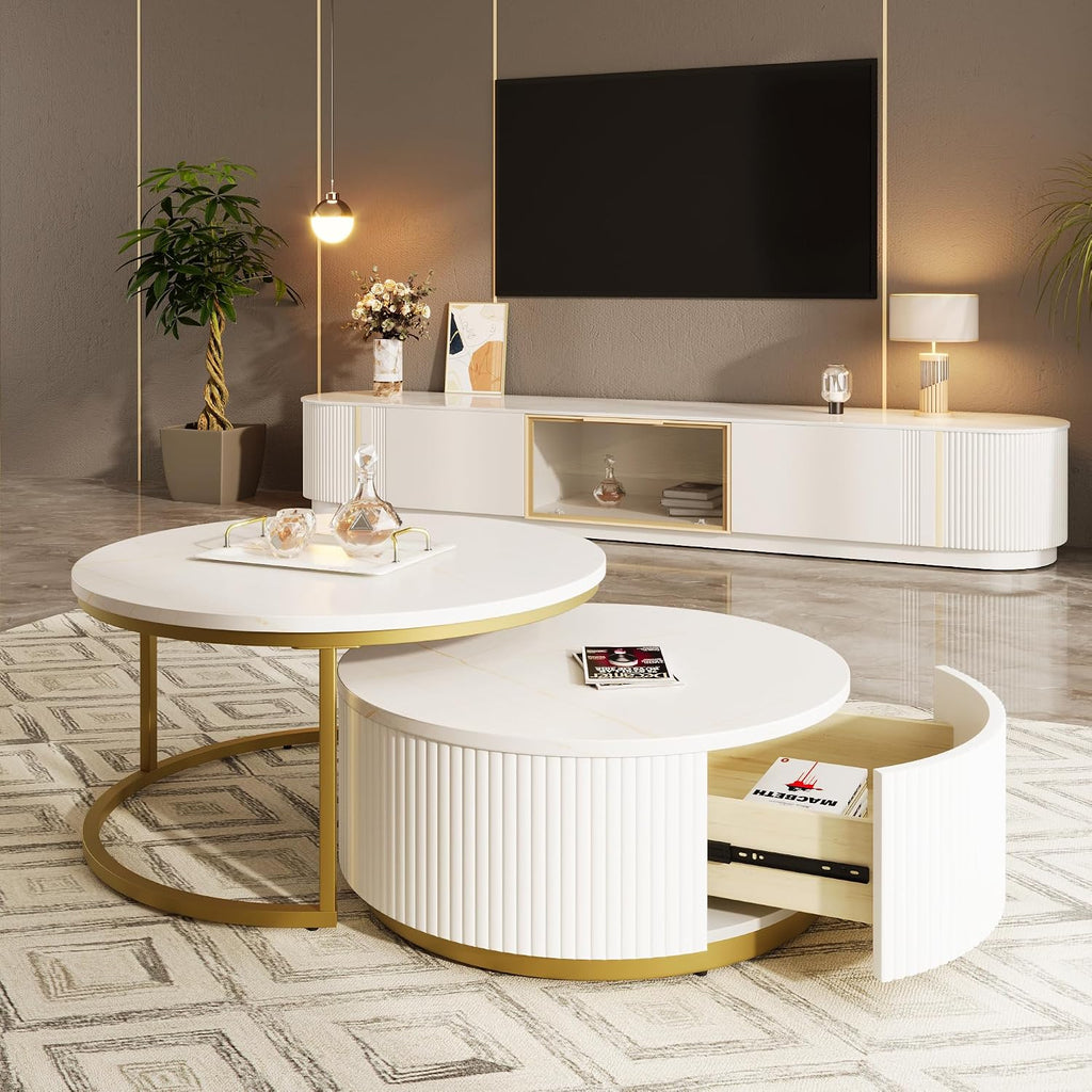 Lift-Top Nesting Coffee Table Set of 2, Modern Round Coffee Table with Drawer, Circular Wood Center Table Set for Living Room, Apartment, 31.5' White & Gold