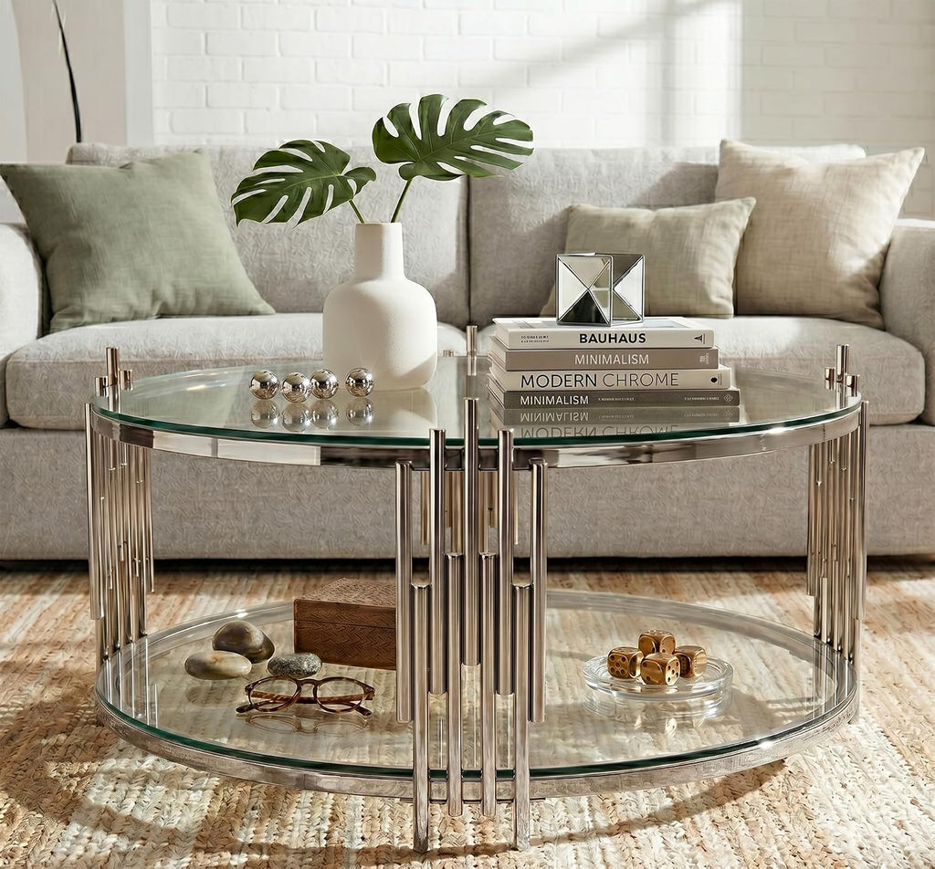 2 Piece Round Glass Coffee Table Set of 2, 31.5' Circle Coffee Table and End Tables Set with Silver Stainless Steel Frame, Modern 2-Tier Clear Silver Living Room Table Set for Home Office