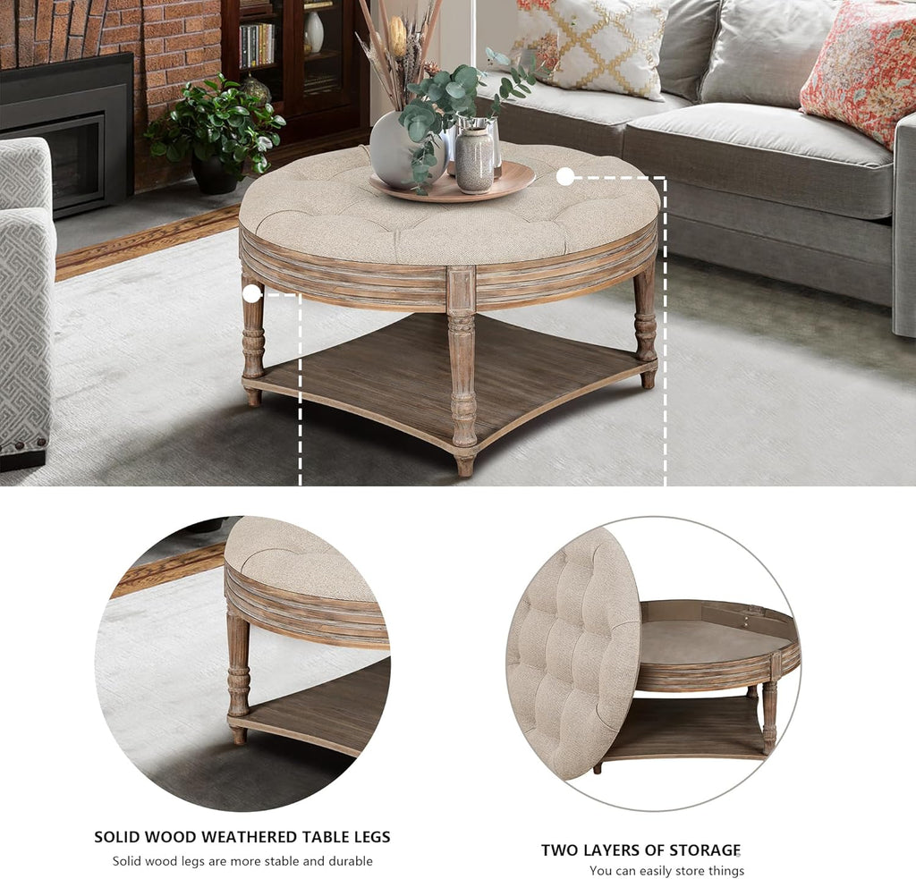 31.49'' Round Coffee Table with Storage Space, 2-Tier Modern Wood Circle Coffee Table for Living Room, Moveable Table Top & Easy Assembly & Waterproof Upholstered Linen, Khaki & Wood