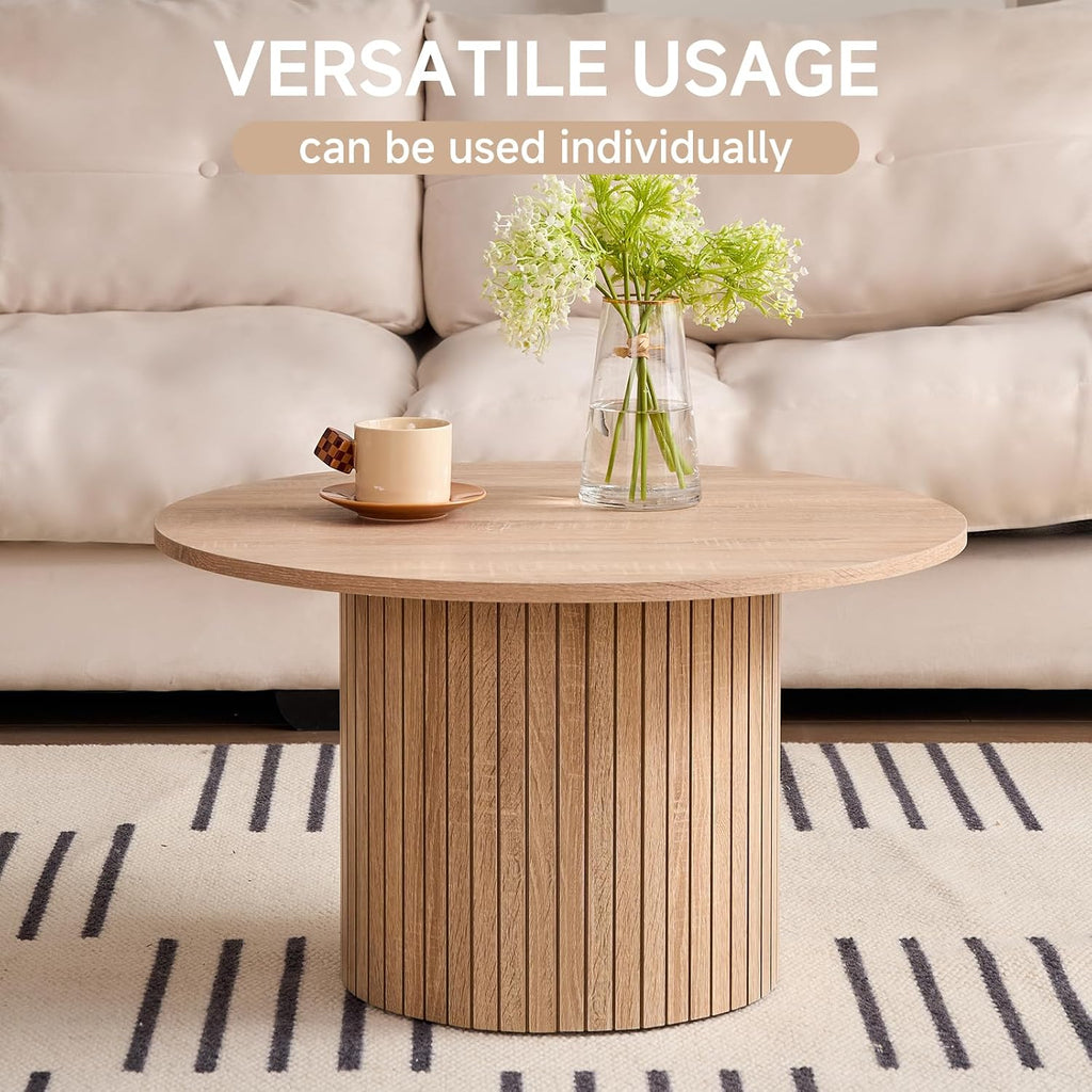 Round Coffee Tables Set of 2, Circle Modern Small Wood Side Table with Fluted Style Drum Base for Living Room Bedroom Balcony Office, Natural